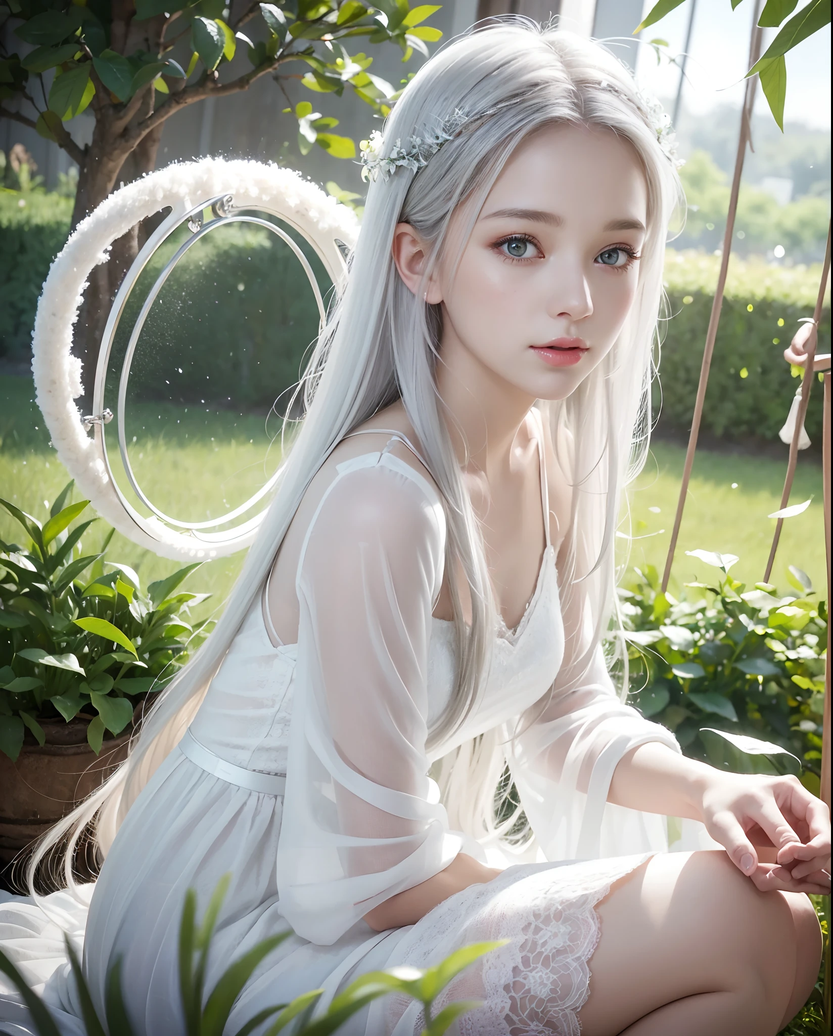 Ethereal dreamy depiction of innocent beautiful angel girl, Big hazel eyes full of life, silver hair girl, Surrounded by a soft and serene atmosphere that highlights his graceful and serene nature, Halo, art  stations, Digital Painting, trending