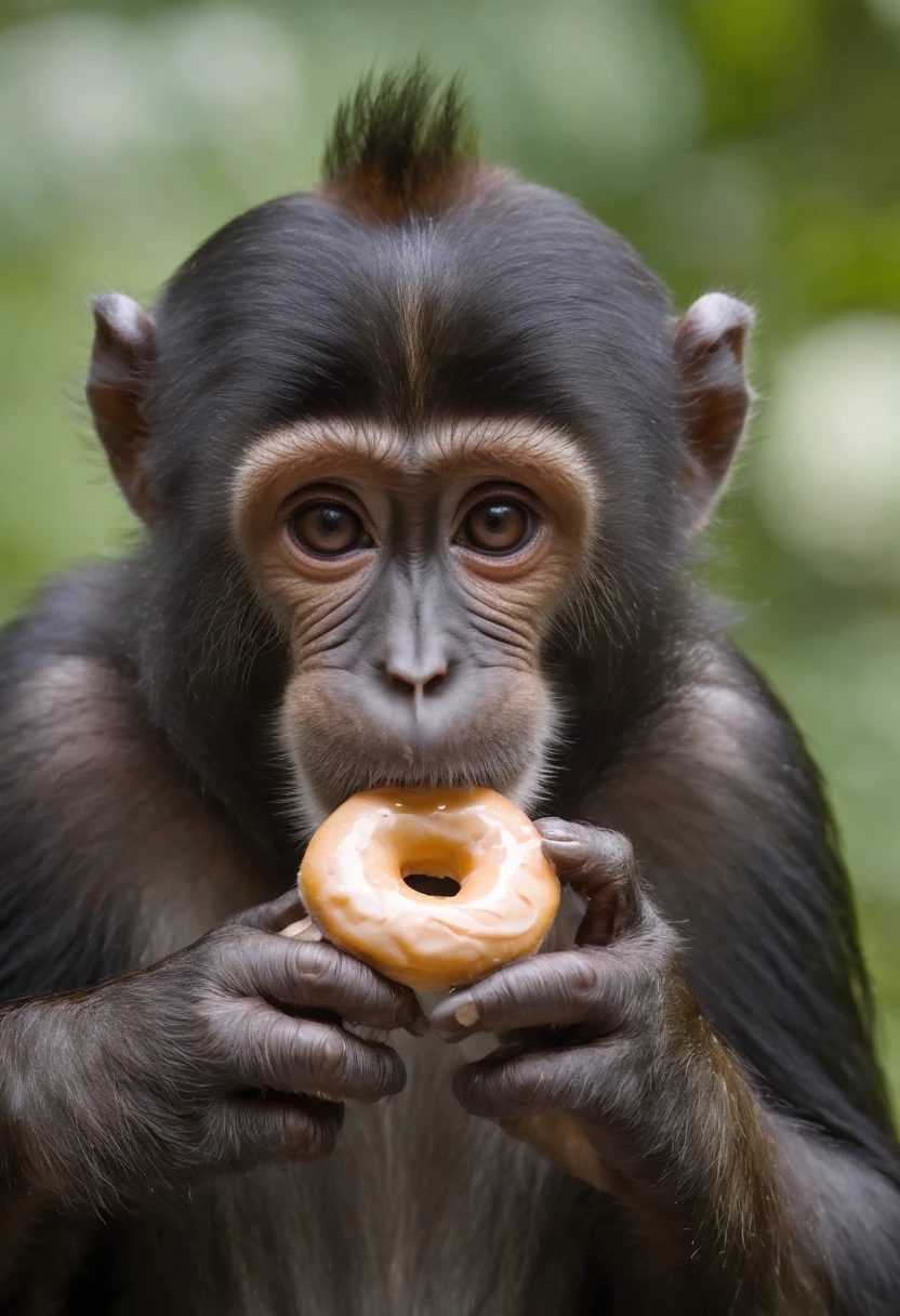 monkey eating a donut, funny face, monkey, realistic monkey