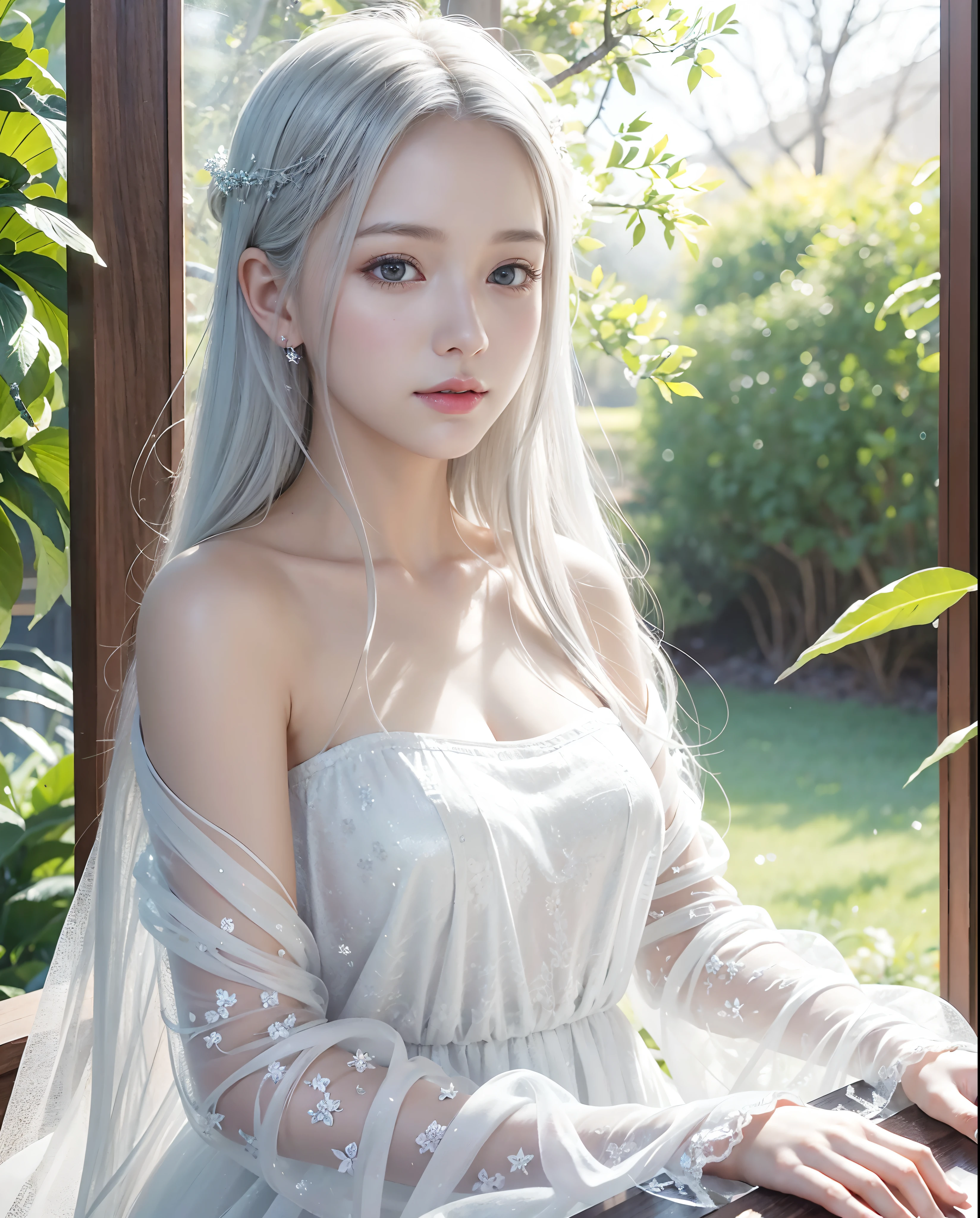 Long white hair, blue eyes, serious features, white skin, loose style, in a garden, with flowers