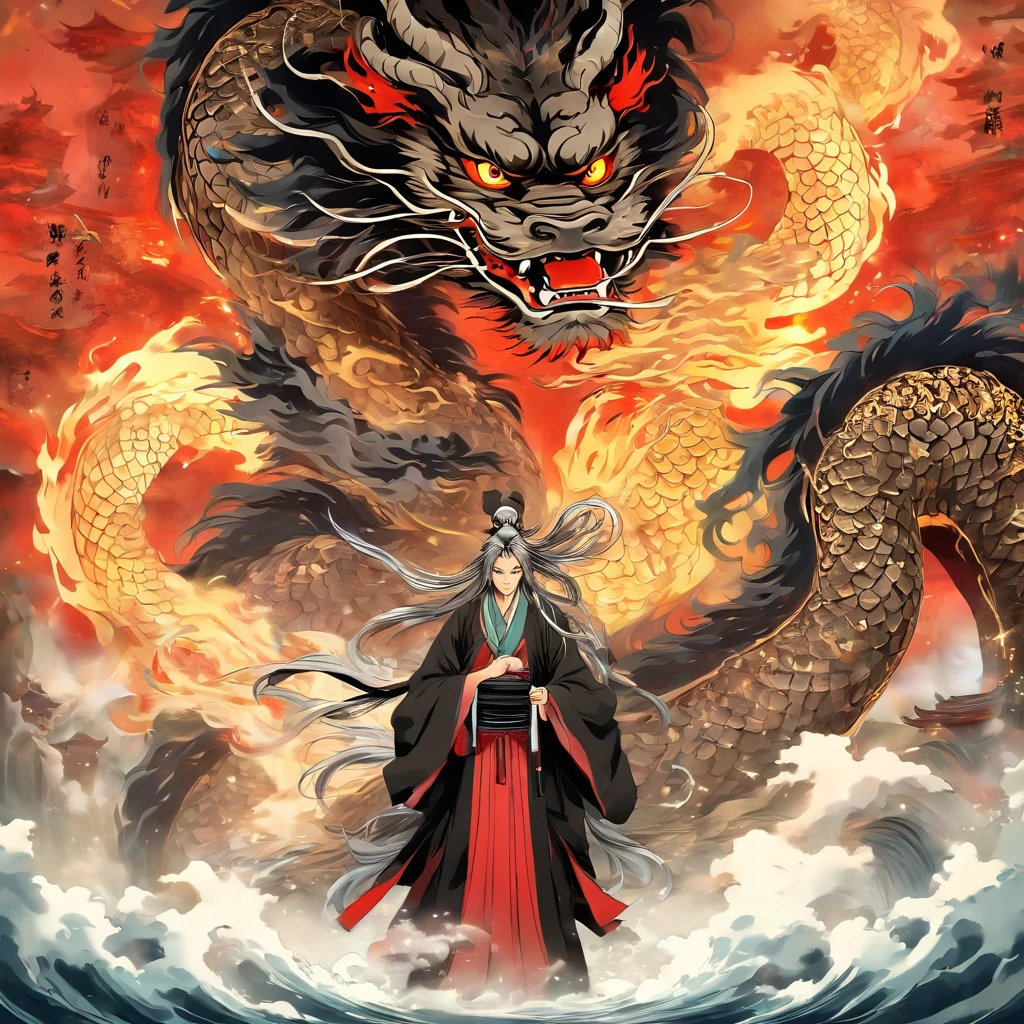 China-style，中景 the scene is，The Taoist priest facing the huge black scale chinese dragon，Stretch your hands，holding a glowing red outside sword , Long messy hair，Glow effects，Hyper-realistic，Ultra photo realsisim，Chinese black and white ink style，Silver，Decolorization，Smudge，ink，8K，super-fine，high qulity，OC renderer , 1980 x 1080