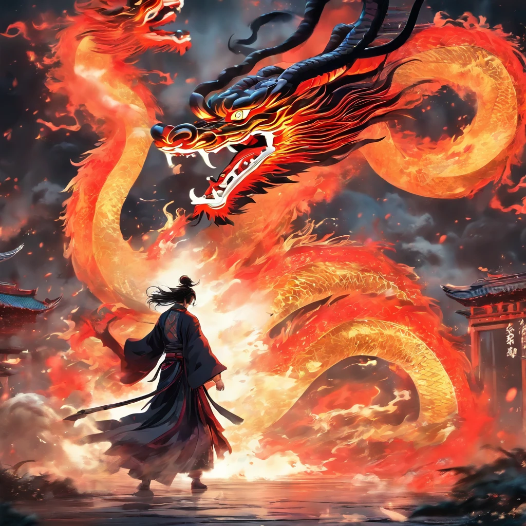China-style，中景 the scene is，The Taoist priest facing the huge black scale chinese dragon，Stretch your hands，holding a glowing red outside sword , Long messy hair，Glow effects，Hyper-realistic，Ultra photo realsisim，Chinese black and white ink style，Silver，Decolorization，Smudge，ink，8K，super-fine，high qulity，OC renderer , 1980 x 1080