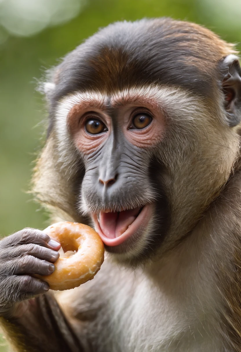 monkey eating a donut, funny face, monkey, realistic monkey, monkey laughing, monkey is laughing,