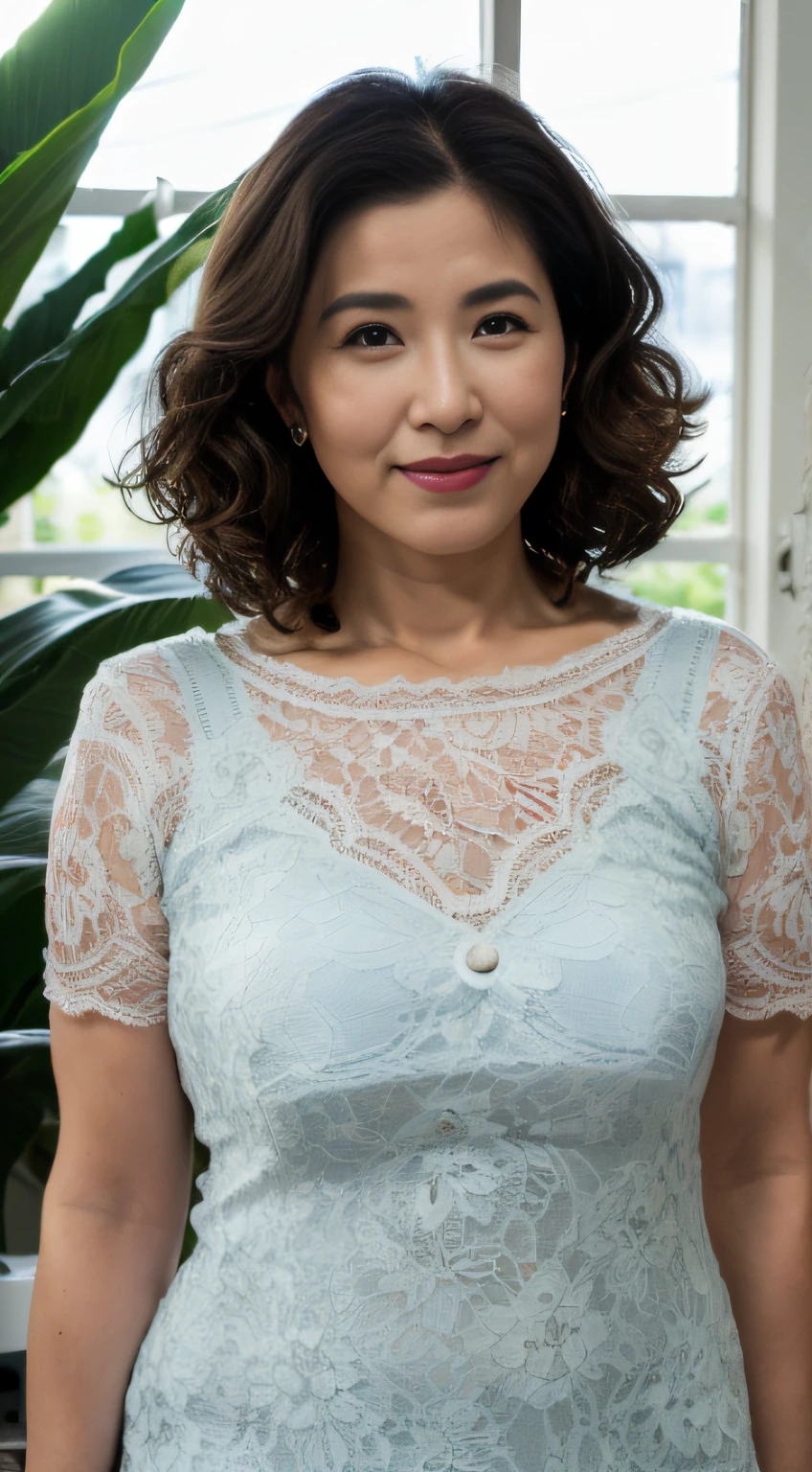 ((Best quality, 8K, Masterpiece, Portrait: 1.3)), (View viewers), Photorealism, Sharp focus, Solo, The Moro Islamic Liberation Front of Japan, Beauty,Wavy hair, Wrinkles at the corners of the eyes, to emphasize, ((Big breasts:1.3))),,30 years old, curlies, (Lace dress, standing on your feet:1.2)