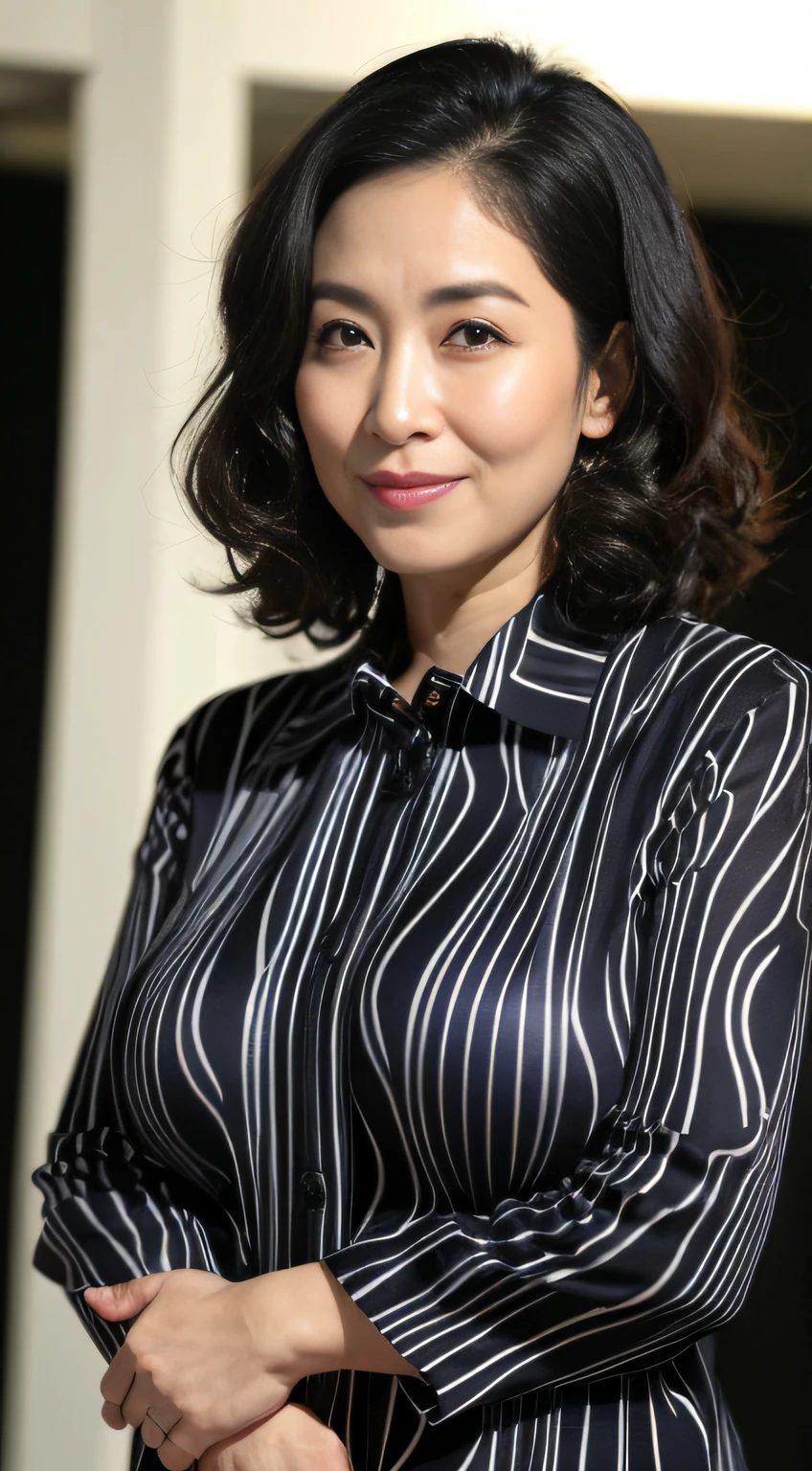 ((Best quality, 8K, Masterpiece, Portrait: 1.3)), (View viewers), Photorealism, Sharp focus, Solo, The Moro Islamic Liberation Front of Japan, Beauty,Wavy hair, Wrinkles at the corners of the eyes, to emphasize, ((Big breasts:1.3))),,30 years old, curlies, Wrinkled eyes, (Elegant black shirt, standing on your feet:1.2),((looking at viewert))