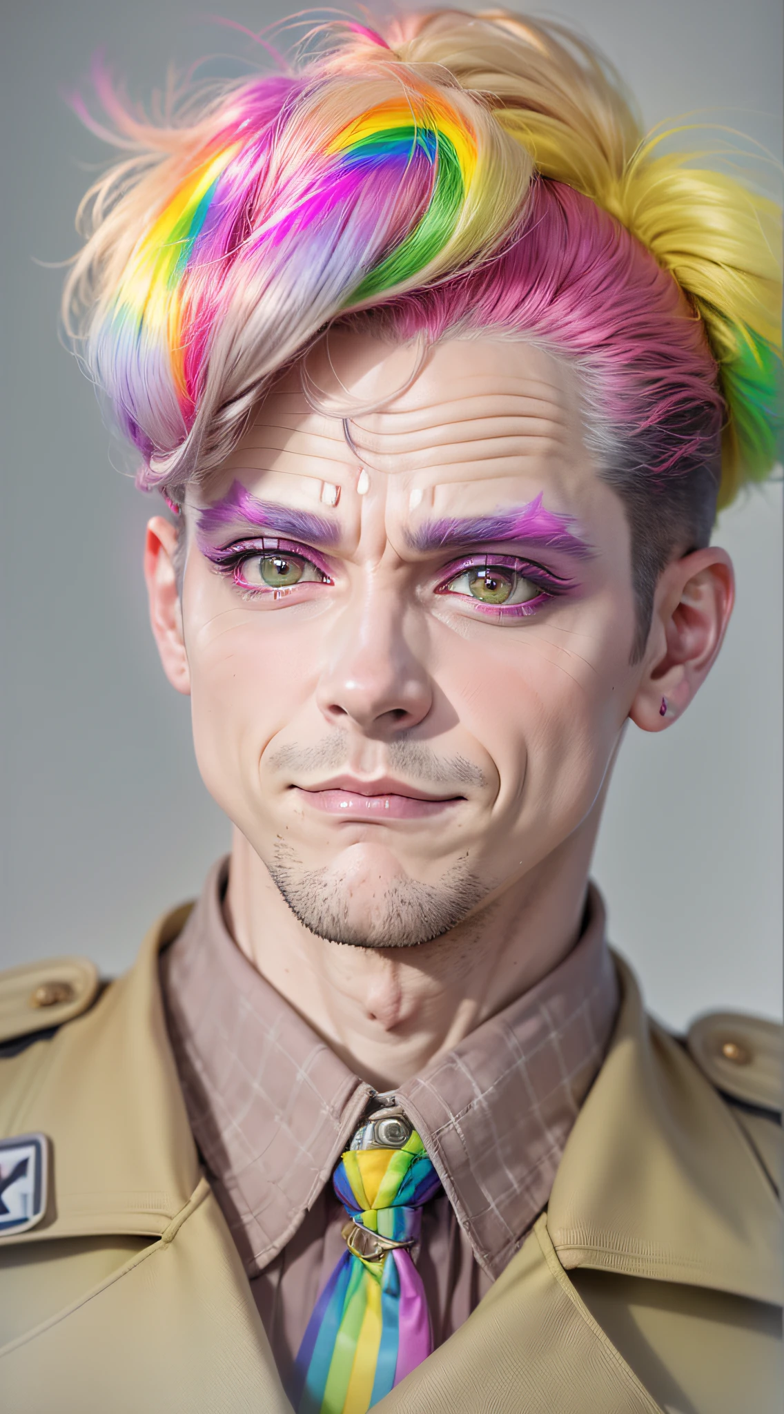 Best Quality, Masterpiece, 8k, RAW, (nazi-uniform), 1 trans man, exaggerated make-up, wearing a wig, ((pride)), rainbow color-theme, angelic light, rainbows everywhere, gray background, (smug expression:1.4), (luring eyes:1.2), self convidence, , obsession, (pride:1.4), non-binary, being proud, lack of moral, masturbation, disgust,