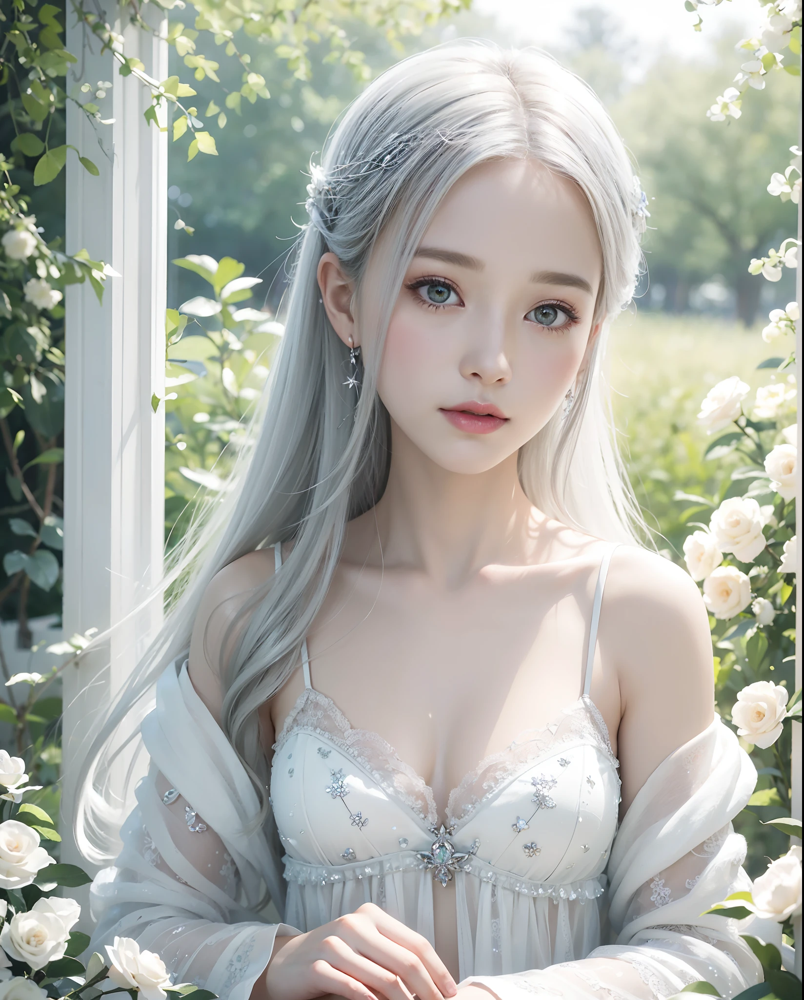 Ethereal dreamy depiction of innocent beautiful angel girl, Big hazel eyes full of life, silver hair girl, Surrounded by a soft and serene atmosphere that highlights his graceful and serene nature, Halo, art  stations, Digital Painting, trending