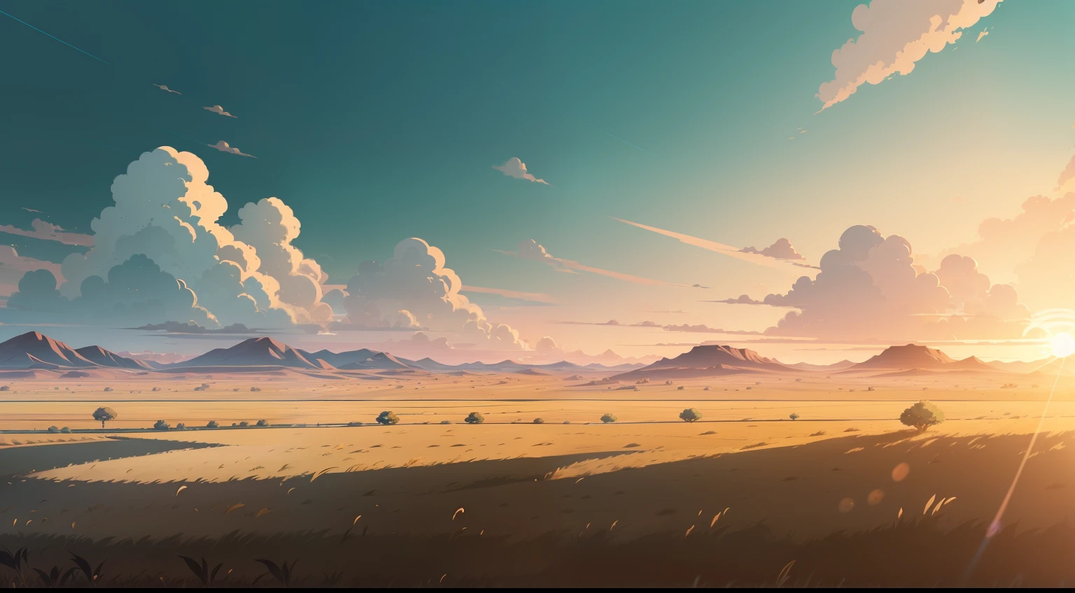 Give me a dry flat grassland field background , morning time , colony, anime style