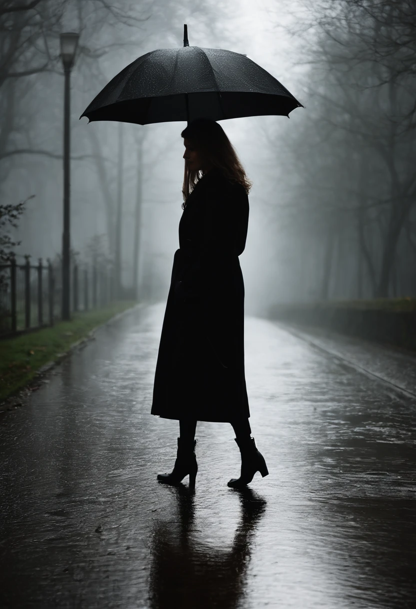Young pretty woman in black raincoat with umbrella in hand, n einer nebligen Stadt, ein Bild von Kuno Veeber, Gewinner des Pixabay-Wettbewerbs, Konzeptkunst, Im Regen stehen, schwarze Silhouette, mysterious woman, pretty girl, das im Regen steht, Einzelperson mit Regenschirm, frau ((Gegenlicht aus dem Nebel)), ((neblig)) und regnerisch, weibliches Bild im Schatten, in einer regnerischen Umgebung, Regenwetter, Rainy roads in the background , ((Nebel mit Lichtschein)) ((Ansicht von hinten)), Licht von vorn, ((high key))