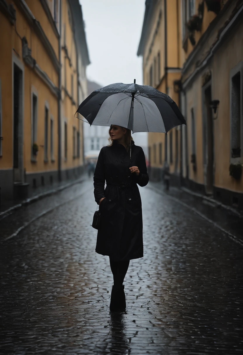 Young pretty woman in black raincoat with umbrella in hand, n einer nebligen Stadt, ein Bild von Kuno Veeber, Gewinner des Pixabay-Wettbewerbs, Konzeptkunst, Im Regen stehen, schwarze Silhouette, mysterious woman, pretty girl, das im Regen steht, Einzelperson mit Regenschirm, frau ((Gegenlicht aus dem Nebel)), ((neblig)) und regnerisch, weibliches Bild im Schatten, in einer regnerischen Umgebung, Regenwetter, Rainy roads in the background , ((Nebel mit Lichtschein)) ((Ansicht von hinten)), Licht von vorn, ((high key))