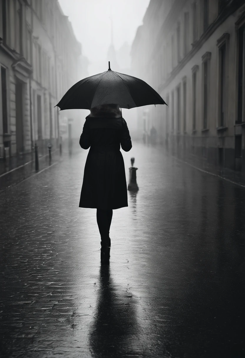 Young pretty woman in black raincoat with umbrella in hand, n einer nebligen Stadt, ein Bild von Kuno Veeber, Gewinner des Pixabay-Wettbewerbs, Konzeptkunst, Im Regen stehen, schwarze Silhouette, mysterious woman, pretty girl, das im Regen steht, Einzelperson mit Regenschirm, frau ((Gegenlicht aus dem Nebel)), ((neblig)) und regnerisch, weibliches Bild im Schatten, in einer regnerischen Umgebung, Regenwetter, Rainy roads in the background , ((Nebel mit Lichtschein)) ((Ansicht von hinten)), Licht von vorn, ((high key))