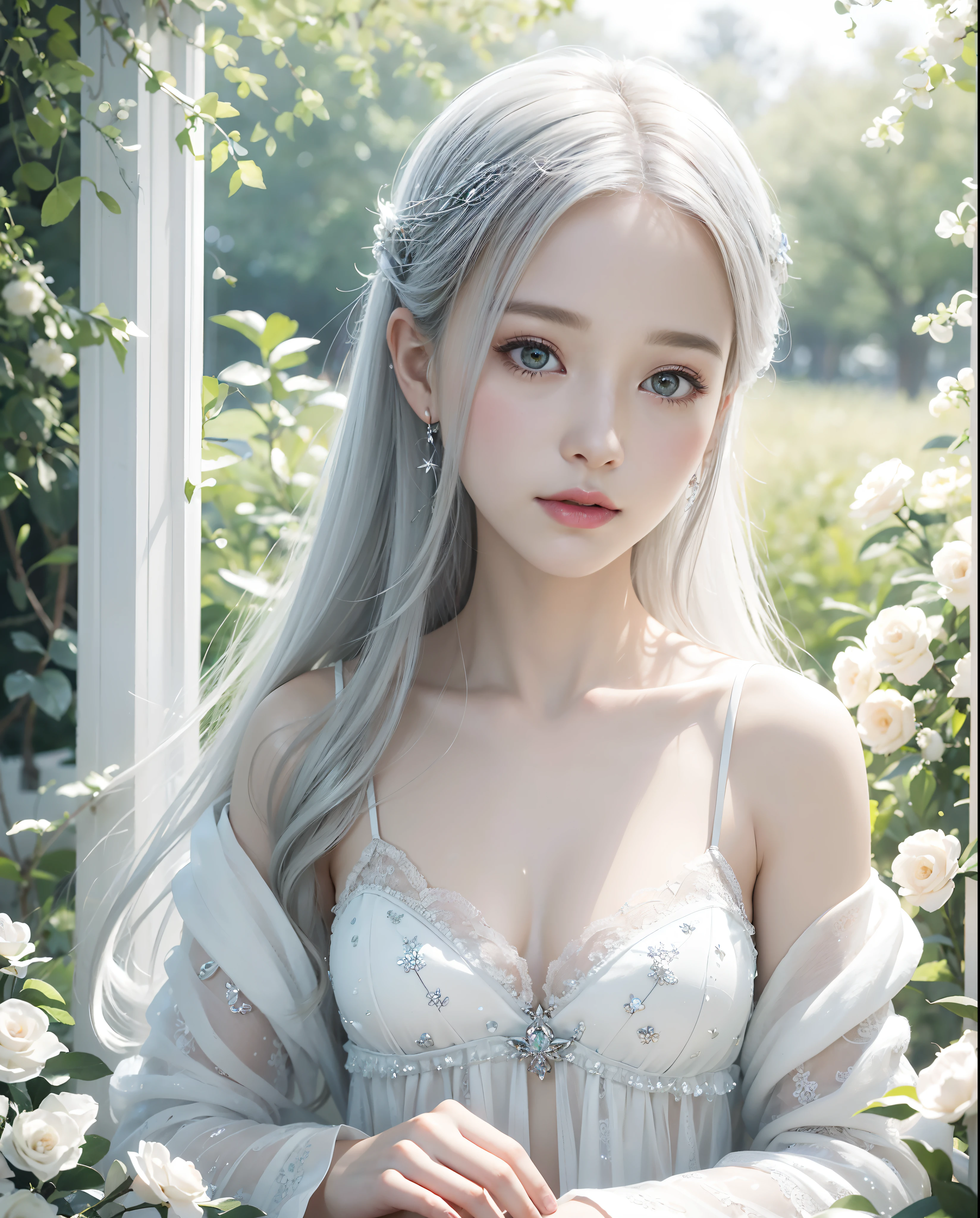 Ethereal dreamy depiction of innocent beautiful angel girl, Big hazel eyes full of life, silver hair girl, Surrounded by a soft and serene atmosphere that highlights his graceful and serene nature, Halo, art stations, Digital Painting, trending