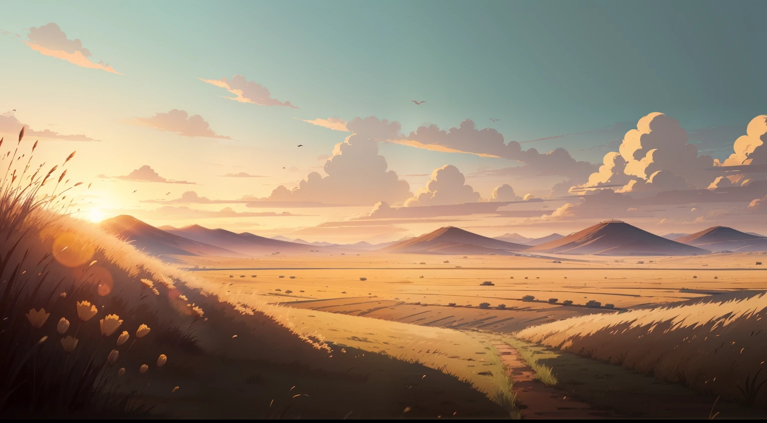 Give me a dry flat grassland field background , morning time , colony, anime style