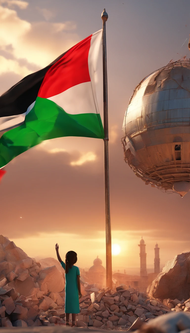 palestine flag, sunset, Palestine earthquake, one little girl from behind waving Palestine flag looking at rubble and destruction, somber, hope, (masterpiece:1.1) (best quality) (detailed) (intricate) (8k) (HDR) (cinematic lighting) (sharp focus:1.1), Palestine flag, hijab, muslim