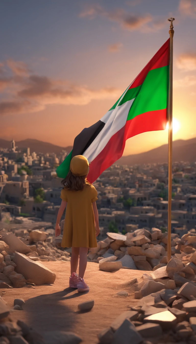 palestine flag, sunset, Palestine earthquake, one little girl from behind waving Palestine flag looking at rubble and destruction, somber, hope, (masterpiece:1.1) (best quality) (detailed) (intricate) (8k) (HDR) (cinematic lighting) (sharp focus:1.1), Palestine flag, hijab, muslim
