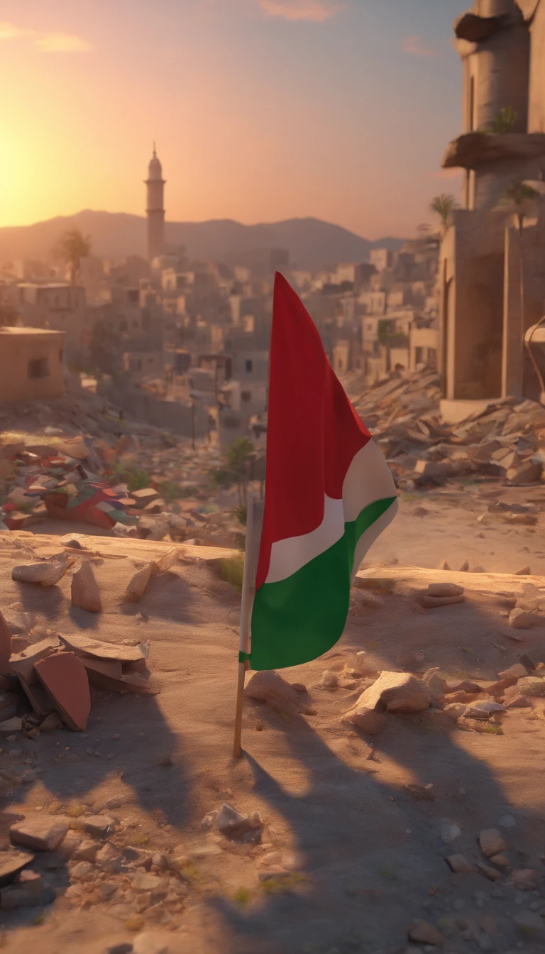 A boy stands with a Bangladeshi flag and a Palestinian flag in his hands