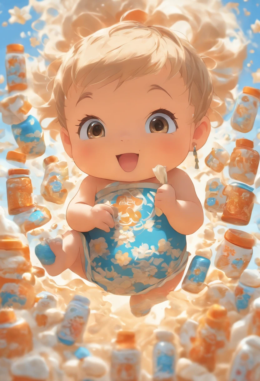 （Knolling layout::2）, （Cartoon chubby baby）, Wearing a cheongsam with a blue and white porcelain pattern, Sky blue and white, （Behind is the bottle，diaper，dried milk，teaxs，Cookie：1.3）
high resolution.
（Sticker style），niji. Journey V5