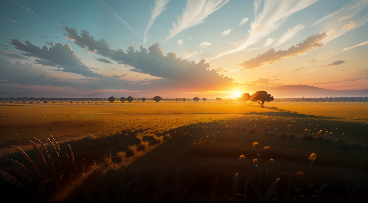 Give me a dry flat grassland field background , morning time , colony