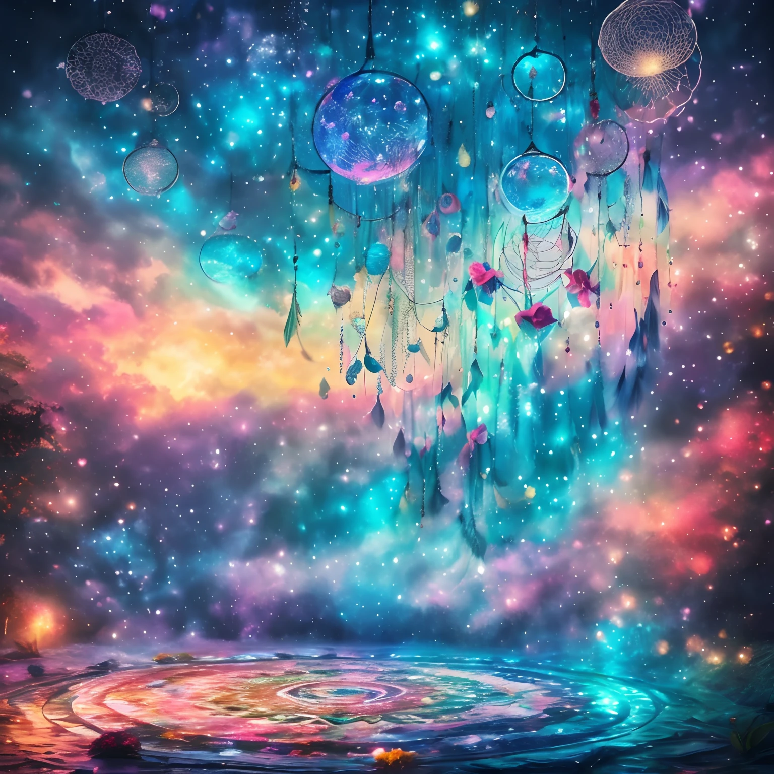 (best quality, master part:1.2), Foco suave, Aquarela gradiente brilhante, sonhador, fundo branco, Melancholic Field of Roses, Photorealistic Cosmic Sky, artistic, psicodelic, Chuva incandescente, A dreamcatcher that turns to cosmic ashes