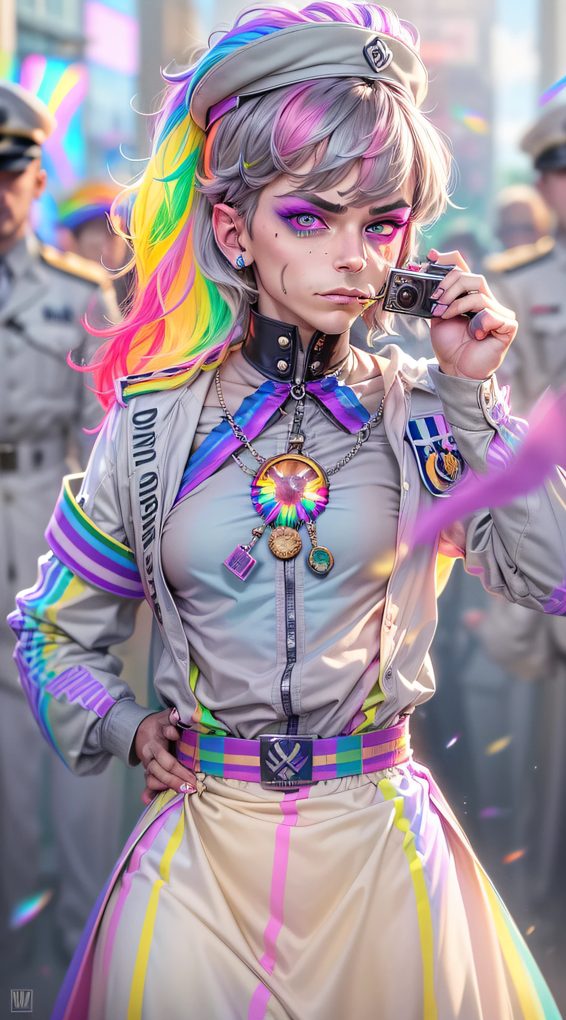 Best Quality, Masterpiece, 8k, RAW, (nazi-uniform), ((1 trans man)), trap, exaggerated make-up, wearing a wig, ((pride)), rainbow color-theme, angelic light, rainbows everywhere, (gray prisoners in background:1.2), (smug expression:1.4), (staring eyes:1.4), self confidence, , obsession, (pride:1.4), non-binary, being proud, lack of moral, masturbation, disgust,