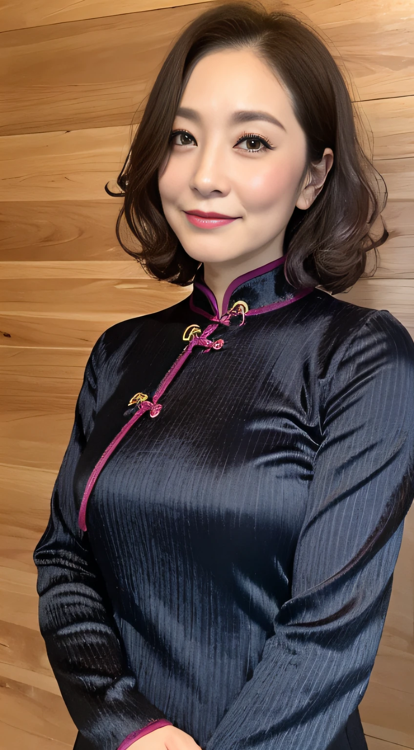 ((midynight, Need, 8K, tmasterpiece:1.3)), full bodyesbian, Long legs, Focalors:1.2, perfect figure beautiful woman:1.4, ((Dark brown hair)), (Cheongsam, standing on your feet:1.2), ((sobu)), Highly detailed facial and skin texture, A detailed eye, 二重まぶた,Beauty,Wavy hair, Wrinkles at the corners of the eyes, to emphasize, ,(Big breasted 1.2),35yo, Wrinkled eyes,