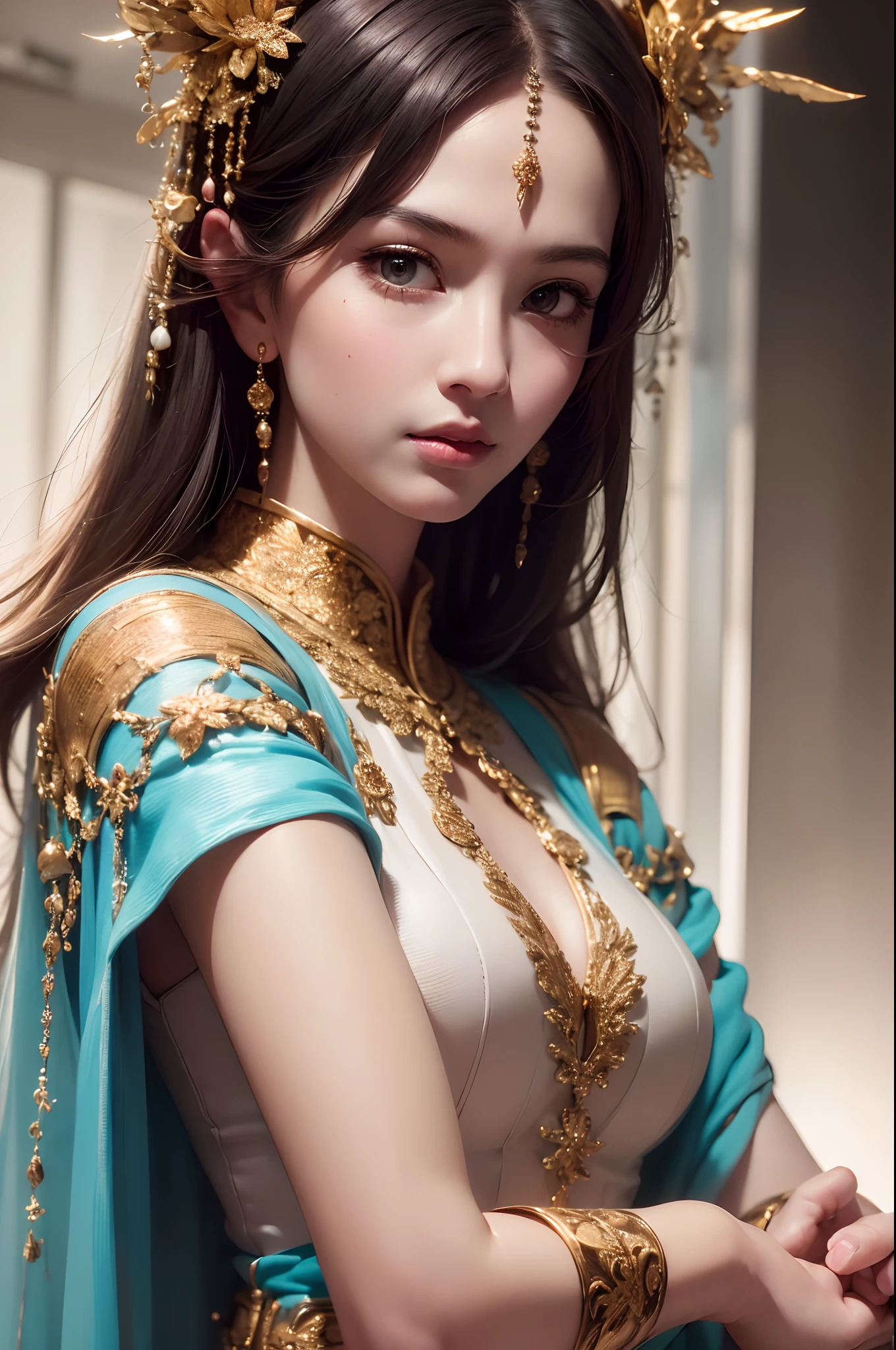 A  girl, Phoenix Princess, Jade Beauty, (Jade Beauty:1.1,Peerless Goddess:1.1, Enchanting eyes:1.1),(Best Quality,4k,8K,hight resolution,Masterpiece:1.2),Ultra-detailed,(Realistic,Photorealistic,photo-realistic:1.37),portrai, Vivid colors, natural lighting, serene atmosphere, Graceful posture, perfect hand, Detailed finger, beautiful detail eyes, hairlong, Face of the Goddess, Detailed Face, (((tmasterpiece)))