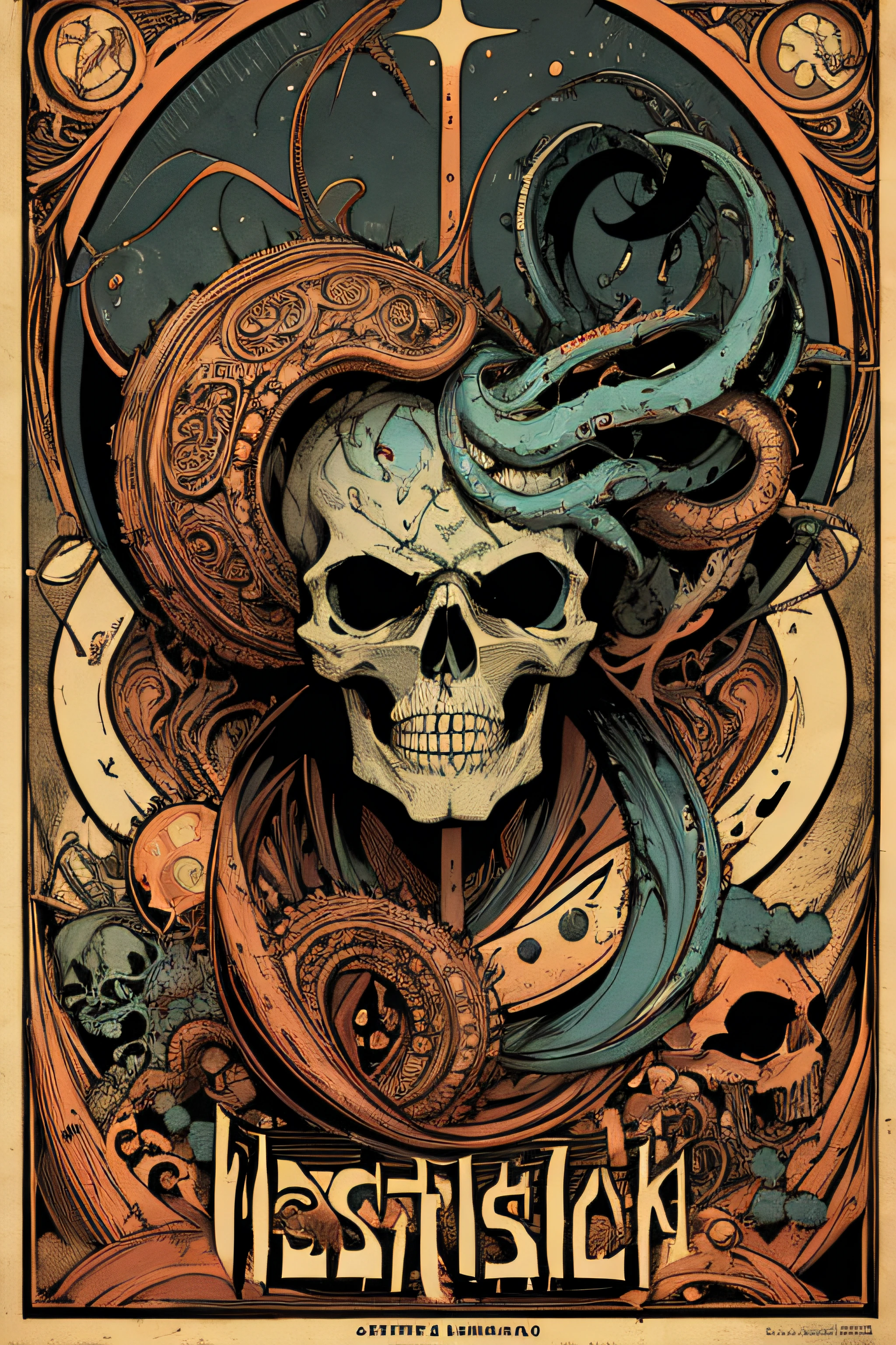 (Masterpiece, Best Quality), 8k Wallpaper, highly detailed, poster, skull with tentacles, cosmic horror, 1900s, horror thriller cinematic movie poster, Bauhaus, shapes, lines, abstract, propaganda, gothic, movie poster, vintage,