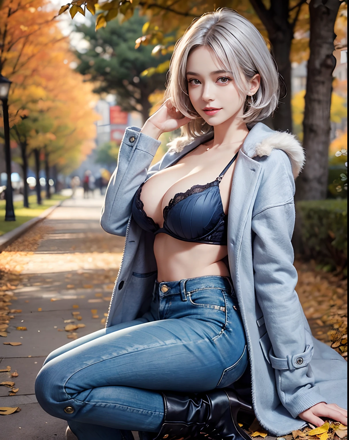 shiny black tight high boots with stiletto, skinny denim in the boots, wear a wool long coat on a black bra, Best Quality:1.5, 8K, masutepiece:1.3, Crisp focus:1.2, Big breasts:1.4, Beautiful woman with perfect figure:1.4, oily skin:1.5 Highly detailed face and skin texture, Perfect face balance, Silver short hair blue gradation, Smile, beautiful studio soft light, Rim Light, vibrant detail, Hyper realistic, Octane Render, Photo realistic, in a beautiful park in autumn, leaves changing color