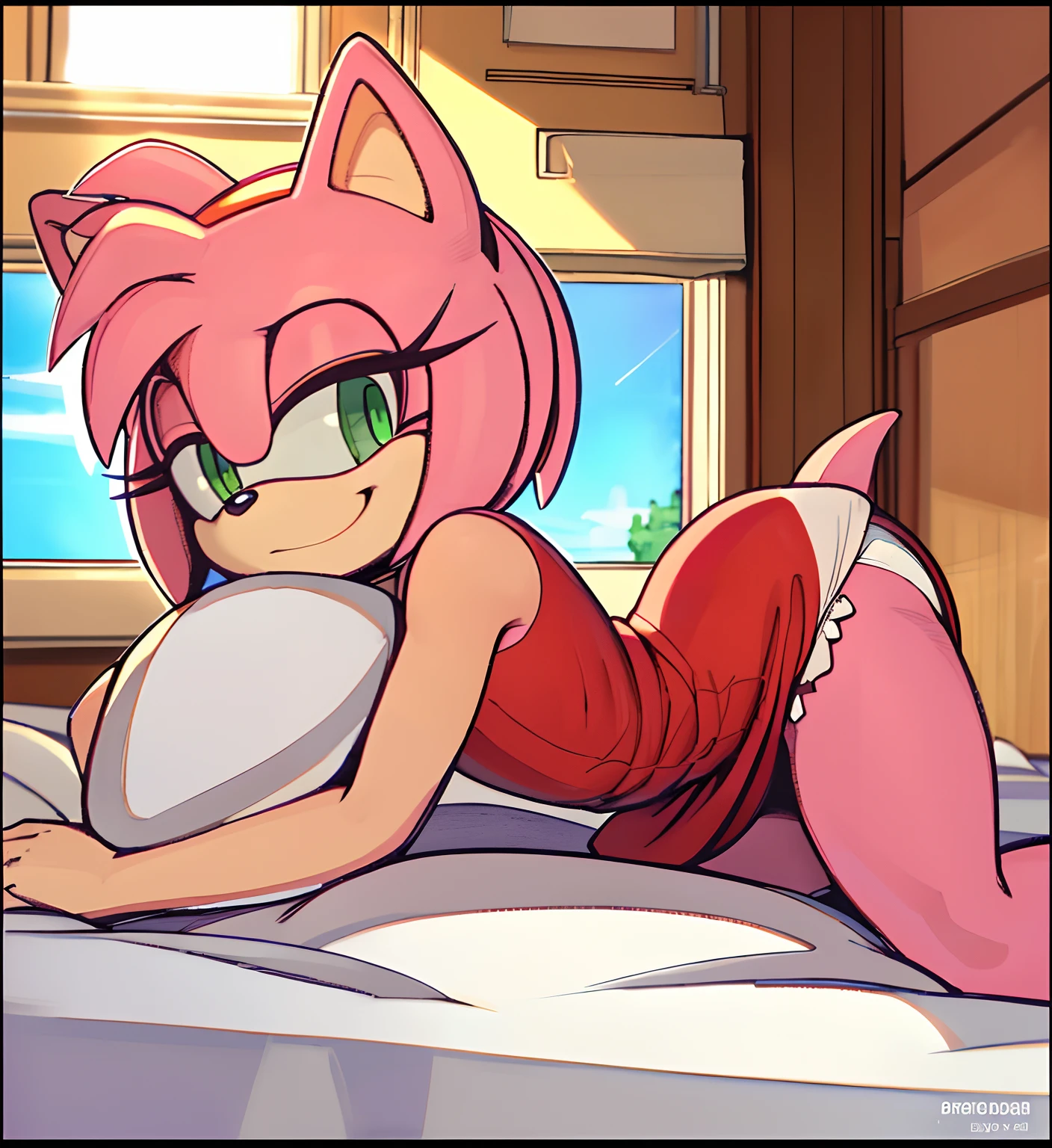 [Amy Rose], [sonic the hedgehog \(series\)], [Uploaded to e621.net; (Pixelsketcher), (wamudraws), (napalm_express)], ((masterpiece)), ((HD)), ((High Quality)), ((solo portrait)), ((side view)), ((full body)), ((detailed fur)), ((detailed shading)), ((cel shading)), ((beautiful render art)), ((intricate details)), {anthro, (pink fur), black nose, animal ears, cute green eyes, short hair, red headband, short tail, (beautiful legs), (smug smirk)}, {(short red half-back dress white lining), (upskirt white panties)}, {(on bed), (bend over), (all fours), (head resting on arms), (looking at viewer)}, [background; (bedroom), (pink pillow), (window), (blue sky), (sun rays)]