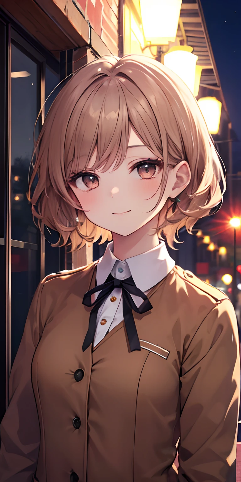 (masterpiece, best quality, detailed), 1girl, solo, outdoor, night, upper body, smile, closed mouth, squint, eyelashes, Midorikawa Hana, brown jacket, neck ribbon, collared shirt, uniform school