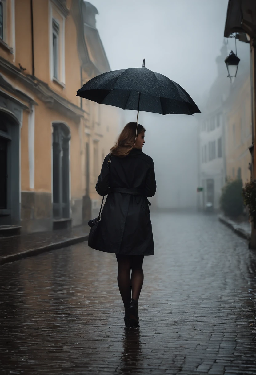 Young pretty woman in black raincoat with umbrella in hand, n einer nebligen Stadt, ein Bild von Kuno Veeber, Gewinner des Pixabay-Wettbewerbs, Konzeptkunst, Im Regen stehen, schwarze Silhouette, mysterious woman, pretty girl, das im Regen steht, Einzelperson mit Regenschirm, frau ((Gegenlicht aus dem Nebel)), ((neblig)) und regnerisch, weibliches Bild im Schatten, in einer regnerischen Umgebung, Regenwetter, Rainy roads in the background , ((Nebel mit Lichtschein)) ((Ansicht von hinten)), Licht von vorn, ((high key)) (View from behind) (Only one umbrella)