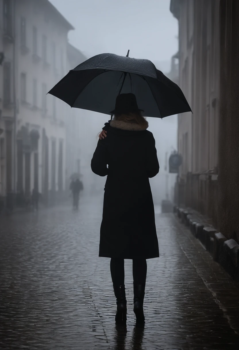 Young pretty woman in black raincoat with umbrella in hand, n einer nebligen Stadt, ein Bild von Kuno Veeber, Gewinner des Pixabay-Wettbewerbs, Konzeptkunst, Im Regen stehen, schwarze Silhouette, mysterious woman, pretty girl, das im Regen steht, Einzelperson mit Regenschirm, frau ((Gegenlicht aus dem Nebel)), ((neblig)) und regnerisch, weibliches Bild im Schatten, in einer regnerischen Umgebung, Regenwetter, Rainy roads in the background , ((Nebel mit Lichtschein)) ((Ansicht von hinten)), Licht von vorn, ((high key)) (View from behind) (Only one umbrella)