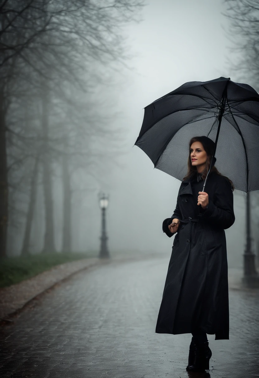 Young pretty woman in black raincoat with umbrella in hand, n einer nebligen Stadt, ein Bild von Kuno Veeber, Gewinner des Pixabay-Wettbewerbs, Konzeptkunst, Im Regen stehen, schwarze Silhouette, mysterious woman, pretty girl, das im Regen steht, Einzelperson mit Regenschirm, frau ((Gegenlicht aus dem Nebel)), ((neblig)) und regnerisch, weibliches Bild im Schatten, in einer regnerischen Umgebung, Regenwetter, Rainy roads in the background , ((Nebel mit Lichtschein)) ((Ansicht von hinten)), Licht von vorn, ((high key)) (View from behind) (Only one umbrella)