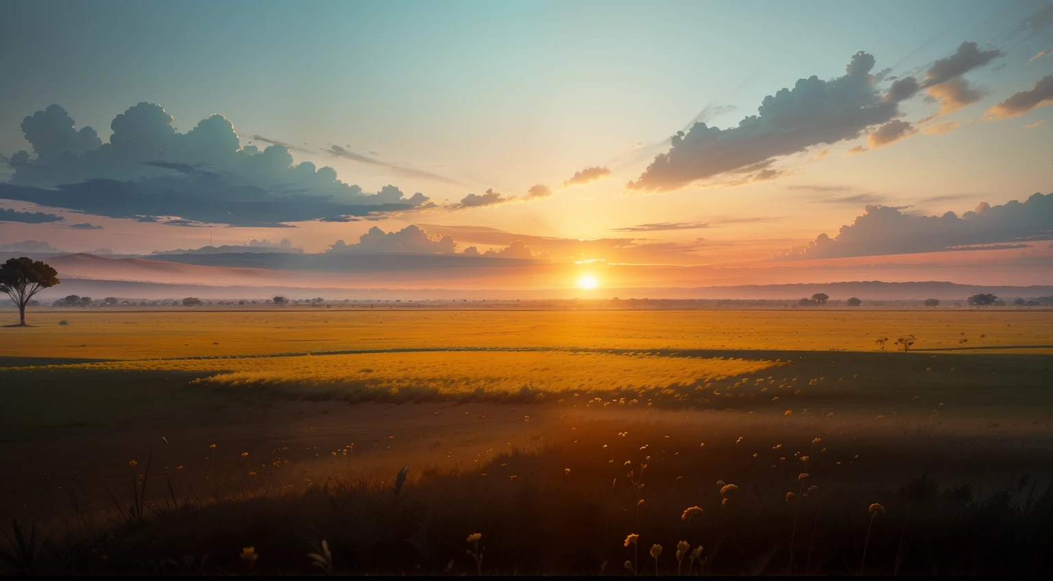 Give me a dry flat grassland field background , morning time , colony