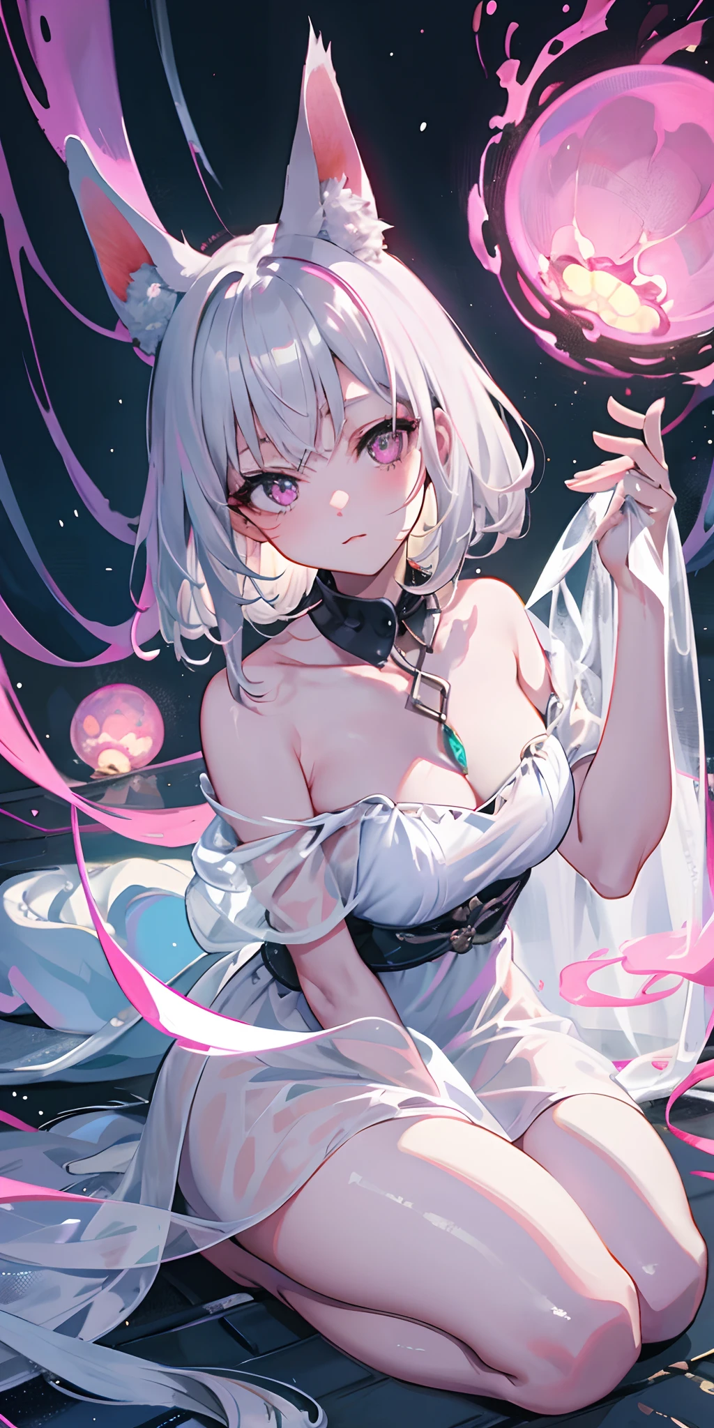 Best Quality, One Girl, Warm Lighting, Silver Hair on the Top of the Head and Pink at the Tips, Cute, Anime, Sheer White Skin, Asian Girl, Full Body, Sensual, Gentle Eyes, Cat Ears, Animation, Fantasy, Seductive, Shy Face, 14 Years Old, Frightened, White Dress, Collar, Tail, Wizard, Fantastic, Portrait, See-Through