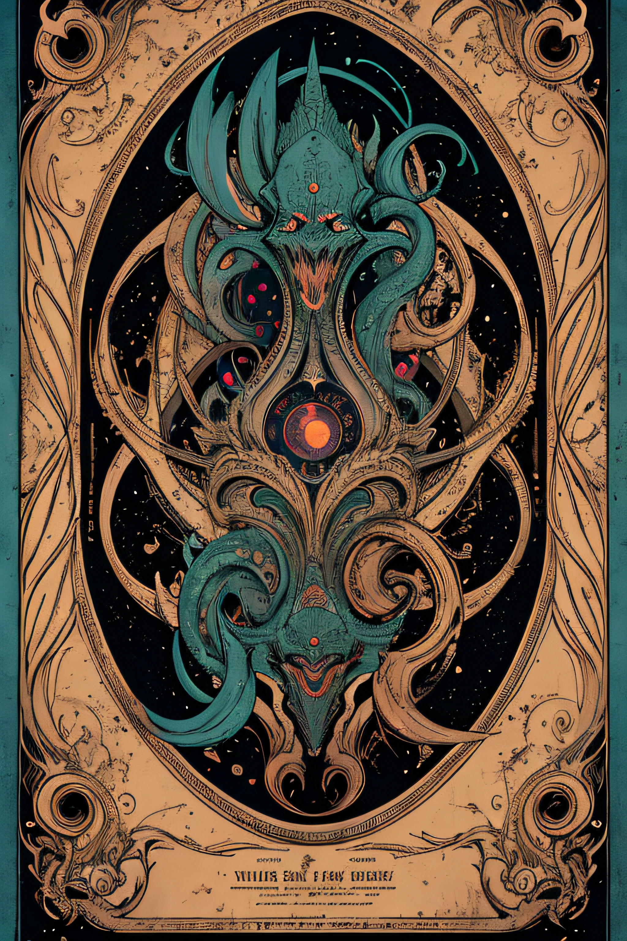 (Masterpiece, Best Quality), 8k Wallpaper, highly detailed, poster, Cthulhu, H.P. Lovecraft, cosmic horror, 1950s, horror thriller cinematic movie poster, Bauhaus, shapes, lines, abstract, propaganda, gothic, movie poster, vintage,