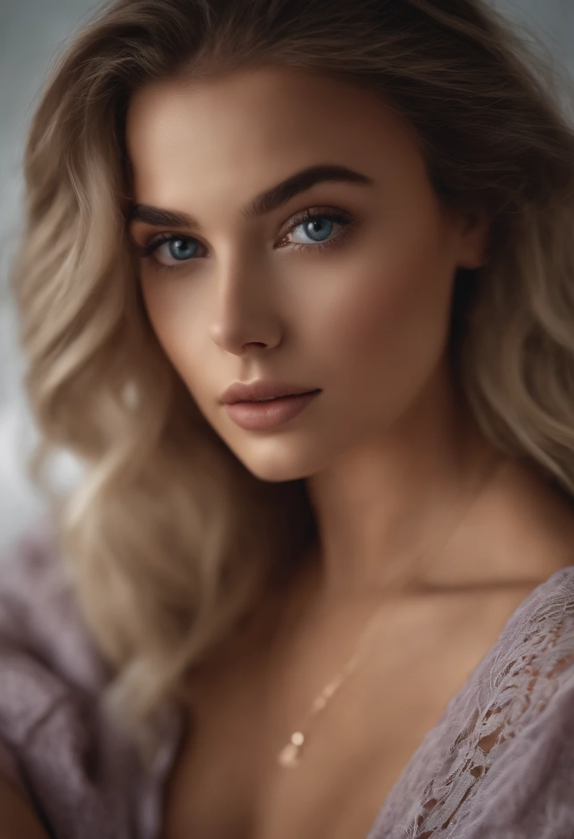 Arafed woman completely , fille sexy aux yeux bleus, ultra realist, Meticulously detailed, Portrait Sophie Mudd, cheveux blonds et grands yeux, selfie of a young woman, Yeux de chambre, Violet Myers, sans maquillage, maquillage naturel, looking straight at camera, Visage avec Artgram, Maquillage subtil, Great photo of the whole body kneeling on the bed, dans la chambre, Medium to large bust