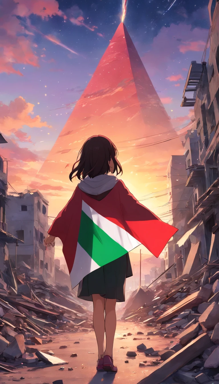 palestine flag correctly with black, white, green and in triangle is red, dramatic sunset and cloudy, stars, Palestine earthquake, one using hijab from behind hold a waving Palestine flag looking at rubble and destruction, somber, hope, Palestine flag, hijab, muslim, hundreds of rocket in the sky