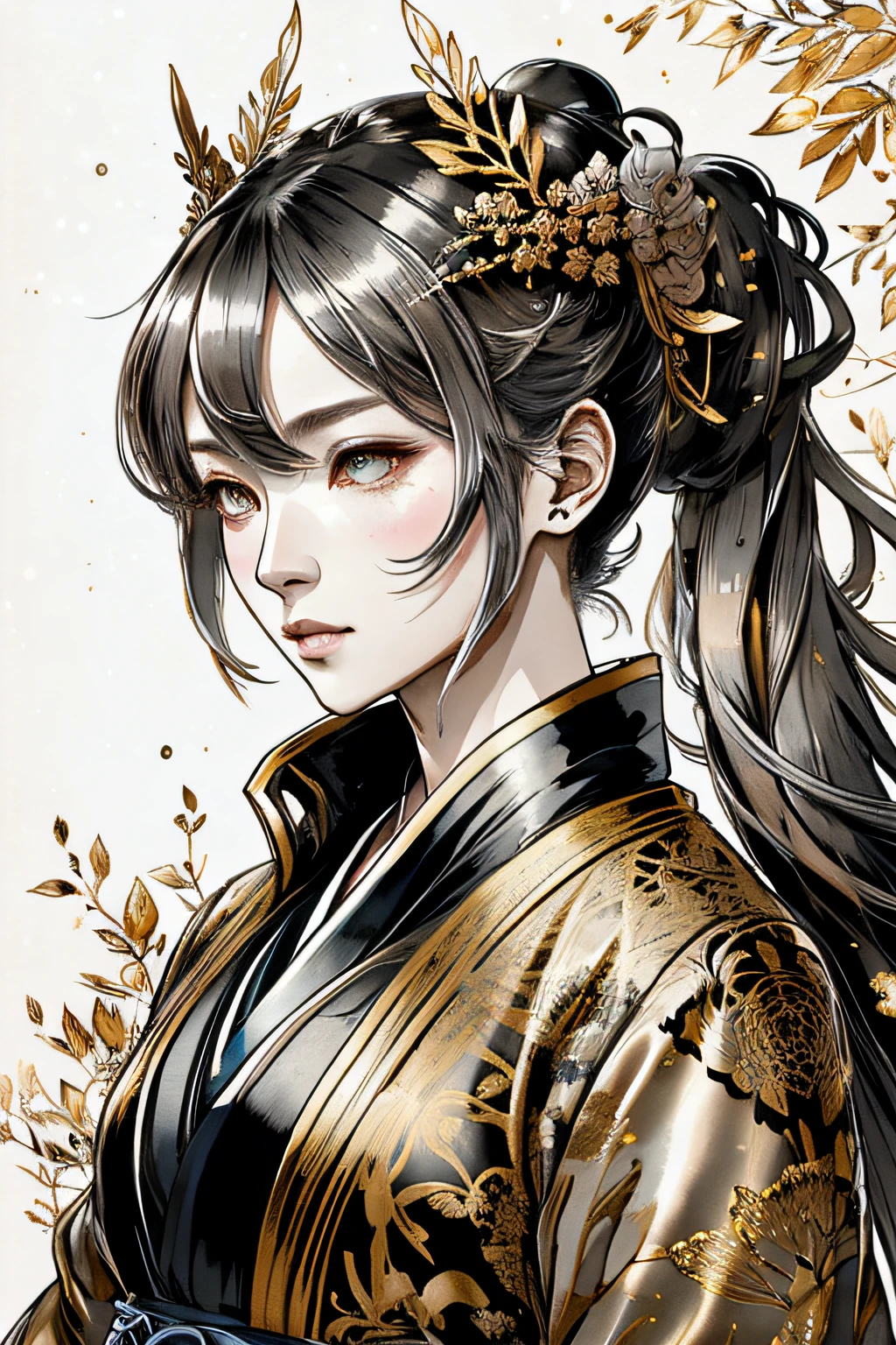 SILVER GOLD and BLACK portrait of a very_YOUNG ancient japanese geisha, glowing eyes, long hair, hyperdetailed sad face, intricately kimono, golden ratio, light aura, frosty myst, ANIME MANGA STYLE, highly detailed, intricate motifs, organic tracery, perfect composition, digital painting, artstation, concept art, smooth, sharp focus, illustration, Carne Griffiths, Victo ngai, Jean Baptiste Monge, pixar, watercolour style, art by Yoji Shinkawa, Carne Griffiths, Russ Mills, Ink splatter, ink brush painting, calligraphy, ink wash, smudges: