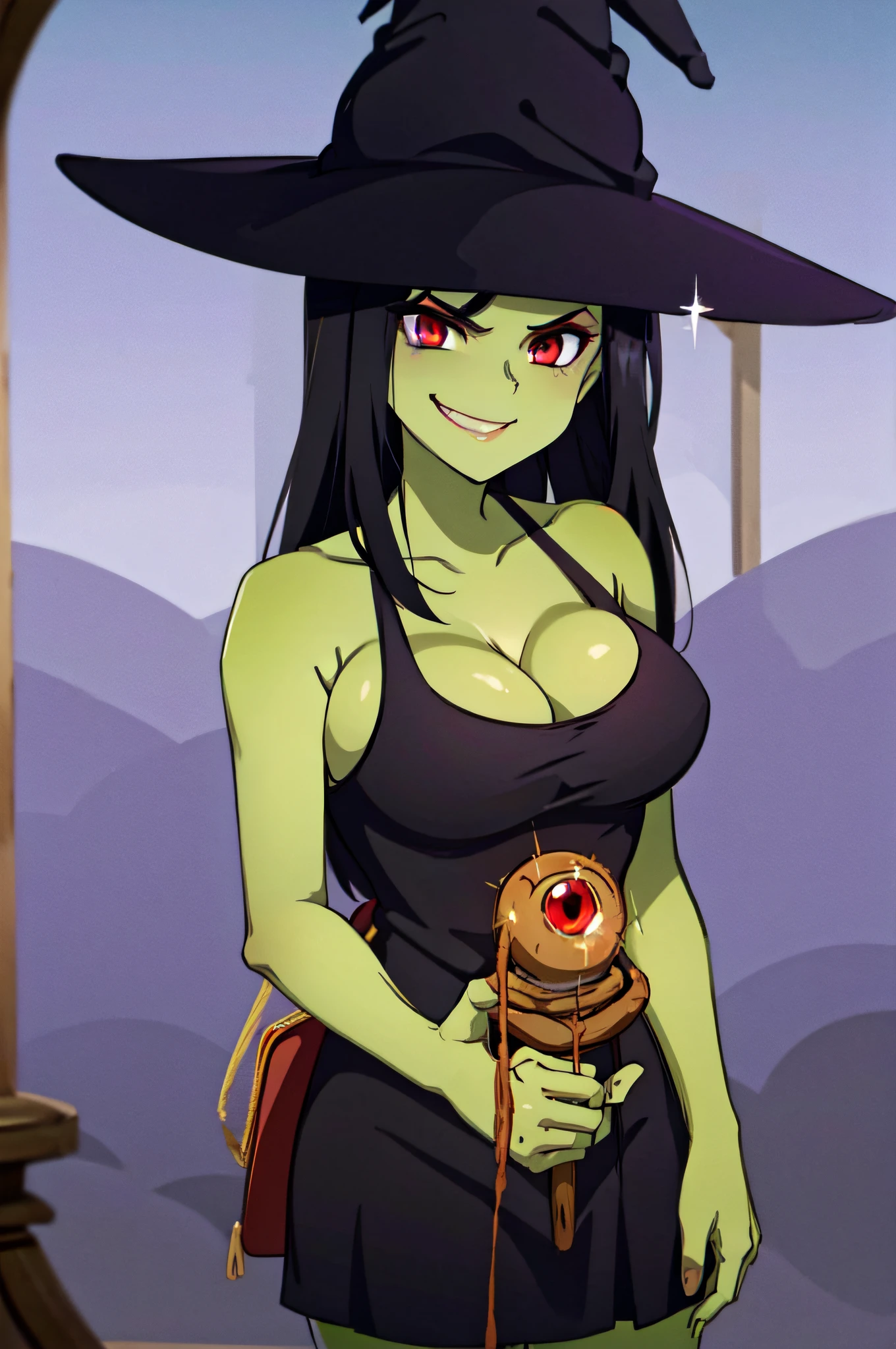 GRUNTILDA, GREEN SKIN, LONG BLACK HAIR, BLACK DRESS, RED EYES, WITCH HAT, EVIL SMILE, SMUG, facing viewer, looking at viewer.