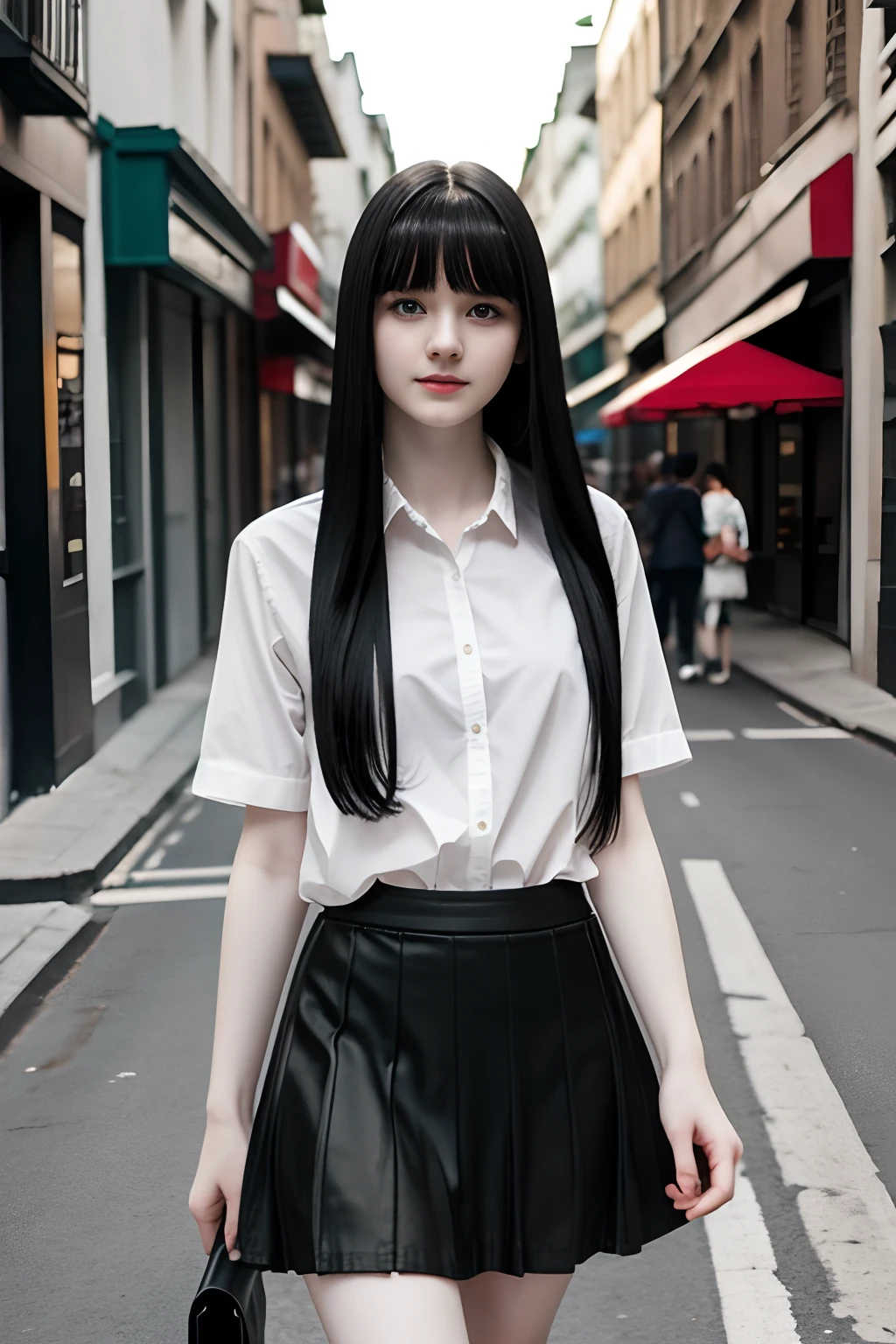 a beautiful pale skin girl, long black hair with thick fringe, walking in the street, wearing a skirt, pretty legs