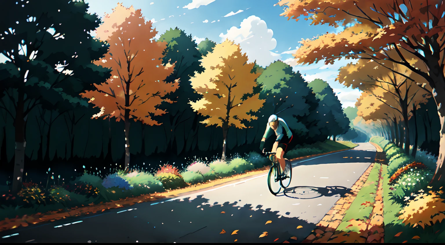 (cycliste seul: 1.5), (Realistic bike: 1.5), (realistic cyclist: 1.5), Plan en gros plan, Le meilleur des meilleurs, automne, Orange leaves, couleurs de l'automne, Feuilles qui tombent, Landscaped background, ombres, contraste, Makoto Shinkai (beste-Qualit:1.3), (high resolucion:1) Art par Studio Ghibli Style, impressionnisme, couleurs vibrantes
