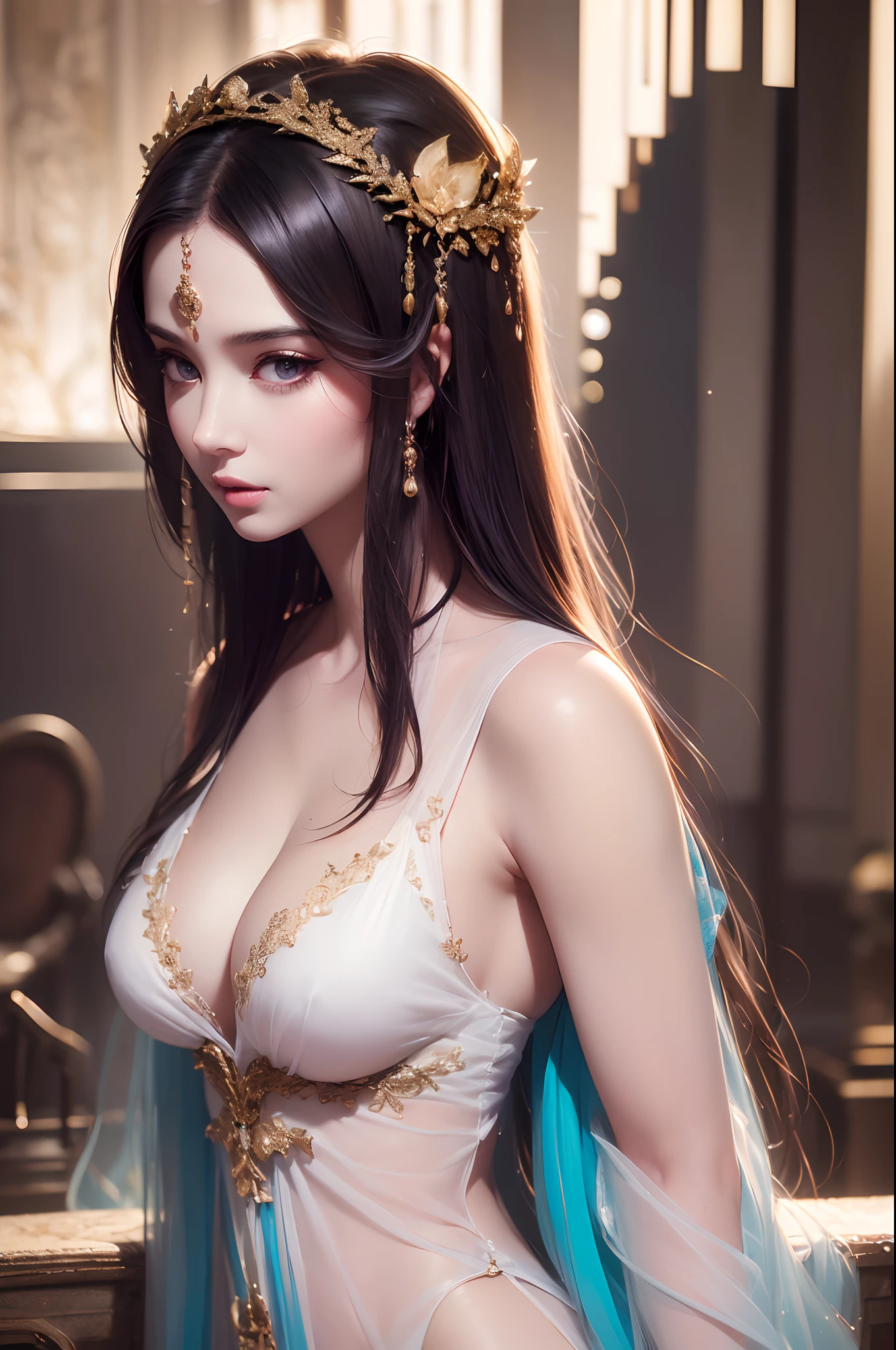 (Jade Beauty:1.1,Peerless Goddess:1.1,black hair:1.1,Enchanting eyes:1.1),(Best Quality,4k,8K,hight resolution,Masterpiece:1.2),Ultra-detailed,(Realistic,Photorealistic,photo-realistic:1.37),portrai,Vivid colors,Lush green environment,natural lighting,serene atmosphere,Graceful posture, perfect hand, Detailed finger, beautiful detail eyes, hairlong, Dressed in a translucent slit, translucent clothes, Face of the Goddess, Detailed Face, (((tmasterpiece))), (violet eyes)