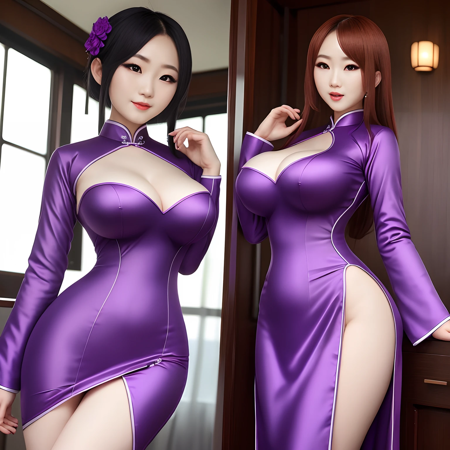 Beautuful Women，Purple cheongsam，woman，choppy，anime big breast，Body proportions，full bodyesbian，Obscene lines