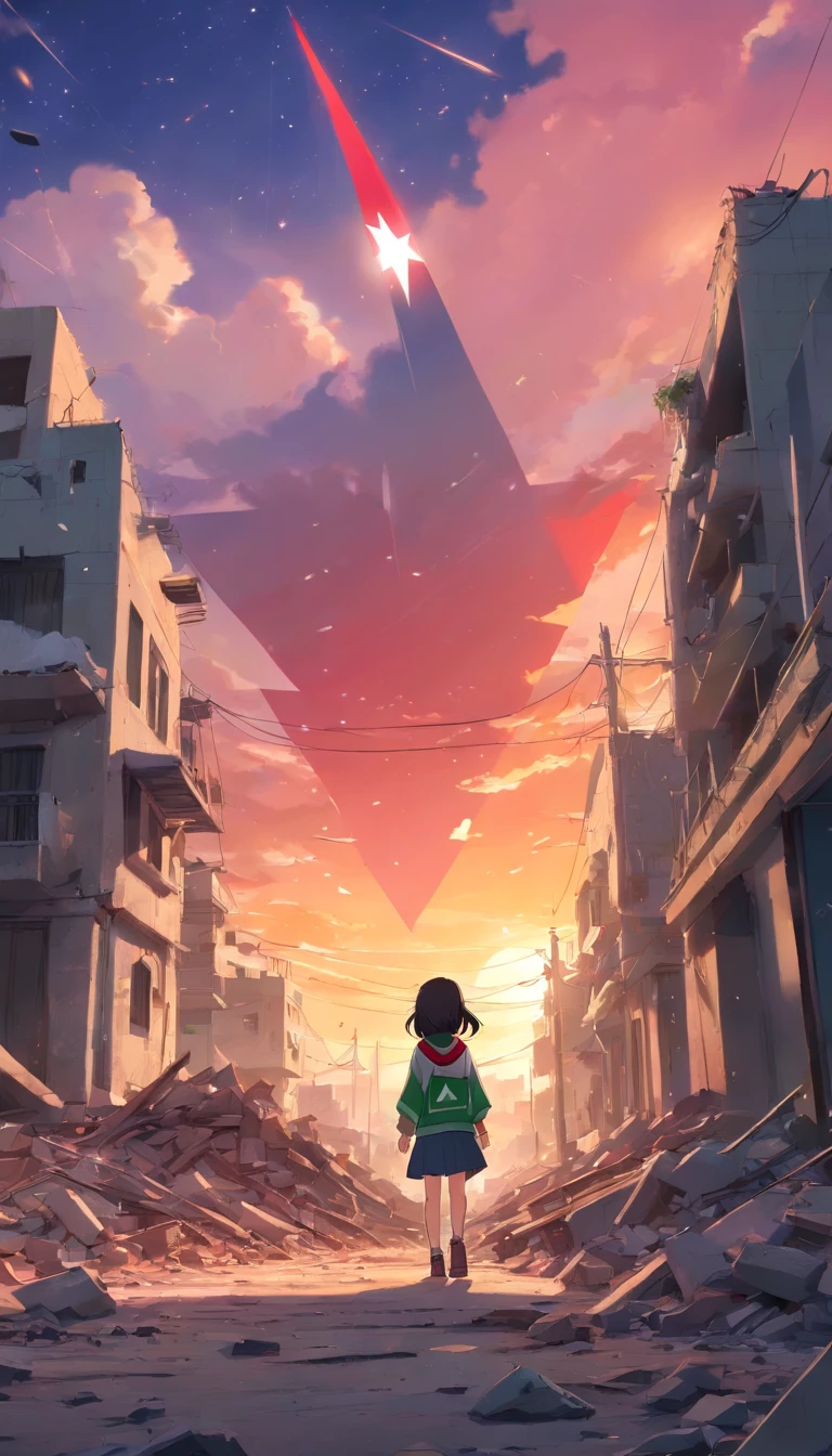 palestine flag correctly with black, white, green and in triangle is red, dramatic sunset and cloudy, stars, Palestine earthquake, one little girl using hijab from behind hold a waving Palestine flag looking at rubble and destruction, somber, hope, Palestine flag, hijab, muslim, hundreds of rocket in the sky