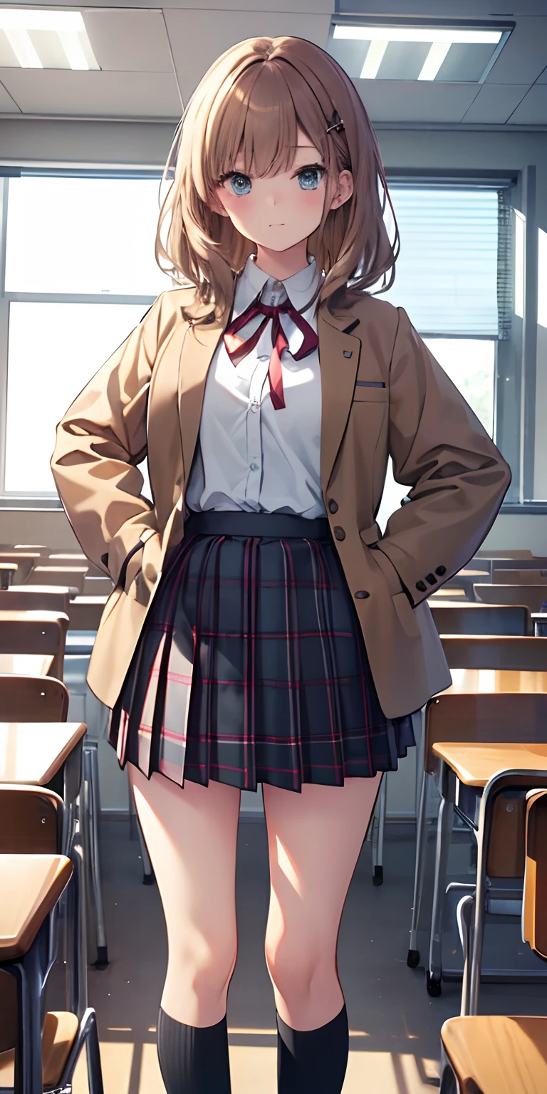 (masterpiece, best quality, detailed), 1girl, solo, classroom, indoors, hands on hips, closed mouth, Dutch angle, Midorikawa Hana, brown jacket, neck ribbon, collared shirt, school uniform, plaid skirt , moccasins, squint, eyelashes