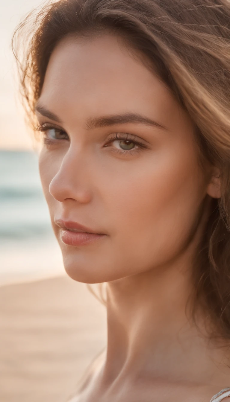 qualidade superior、obra prima、retrato de corpo inteiro、(Fotorrealista:1.4)、FOTO CRU、Uma mulher nua、Textura facial detalhada、Cool summer beach without Bikini、