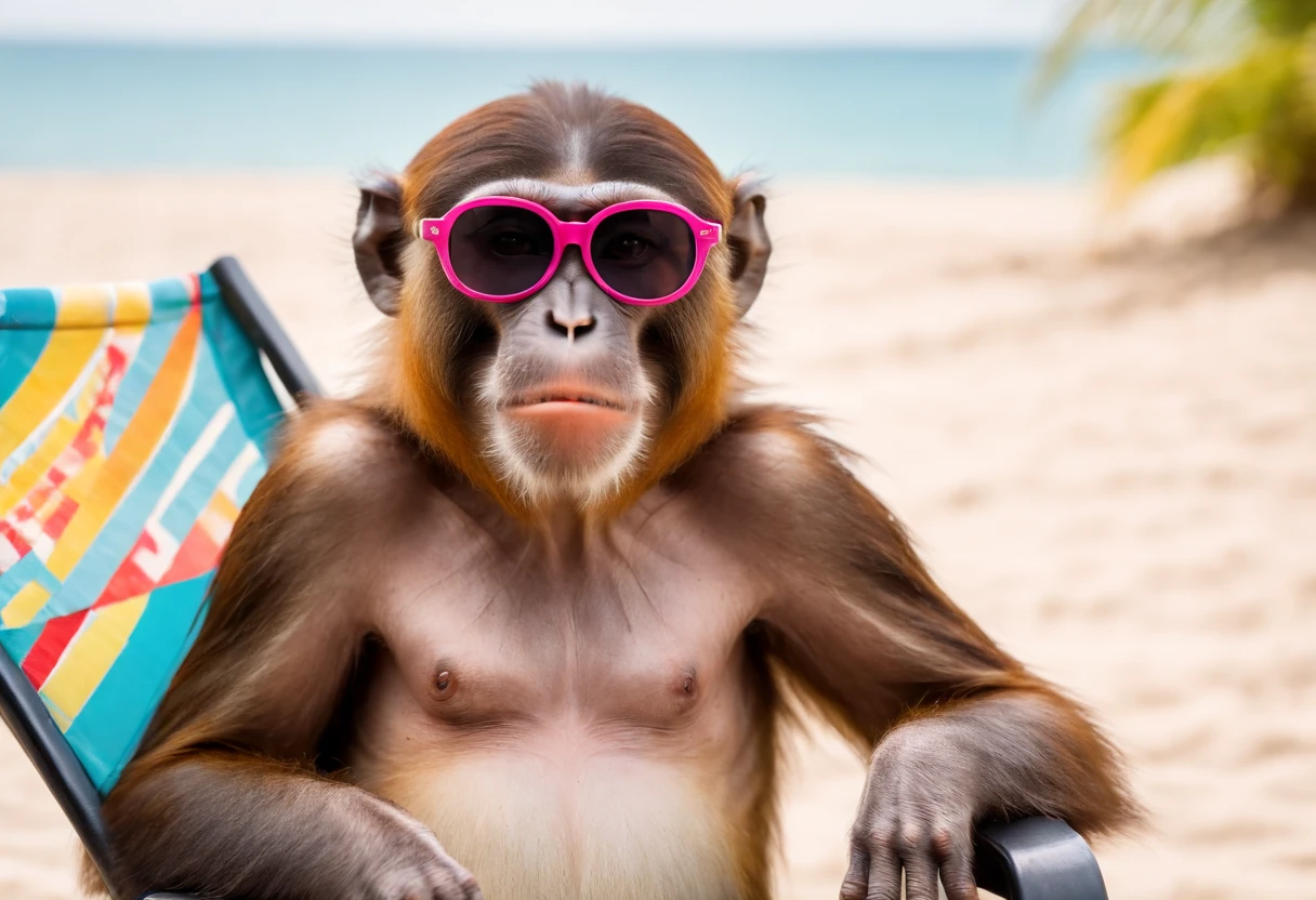 monkey chilling at a beach, monkey with sunglasses, lying on a beach chair, realistic, colorful