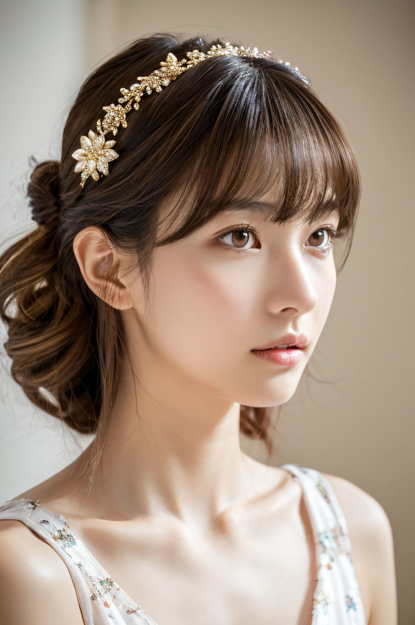 (masutepiece:1.3), High resolution, ultra-detailliert, the Extremely Detailed CG Unity 8K Wallpapers, Realistic, Photorealsitic, Raw photo, beautifull detailed face, Face balance is the golden ratio、pale skin, realistic glistening skin, Detailed Cloth Texture, detailed hair texture, Perfect body, Beautiful face, acurate, Anatomically correct, Highly detailed face and skin texture, Natural neck length, (Fair skin:1.2), thin legs, Thin feet, (Aligned teeth:1.1), Sweaty skin, BREAK, Detailed eyes, symmetrical eye, Light brown eyes, Double eyelids, Thin eyebrows, (Sleepy eyes:1.1), (Glossy lips:1.4), (Mouth waiting for a kiss:1.2), (blush:1.2), (Small hair accessories that sparkle:1.1), BREAK, (classy girl:1.3), (Wearing (doress:1.2) With a white floral pattern), BREAK, ((Close Up Shot:1.2)), medium breasts, Slender figure, Firm abs, ((up do hairstyle, Dark blonde hair, Wavy Hair, Long hair:1.1)), ((asymmetric bangs:1.2)),