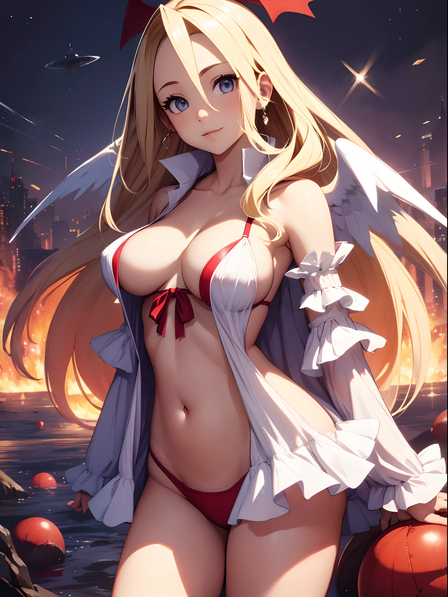 highres, shadows, absurdres, best_quality, ultra_detailed, 8k, extremely_clear, photograph, beautiful, beautiful face, sharp focus, hdr, 1girl, clean eyes, wide-eyed, background (magic academya) or (planets), flames, beautiful face, small puffy breasts (puffy nipple), firm breast, very red areola, standing  ,very seductive pose,no bra, blonde, small white angel wings,