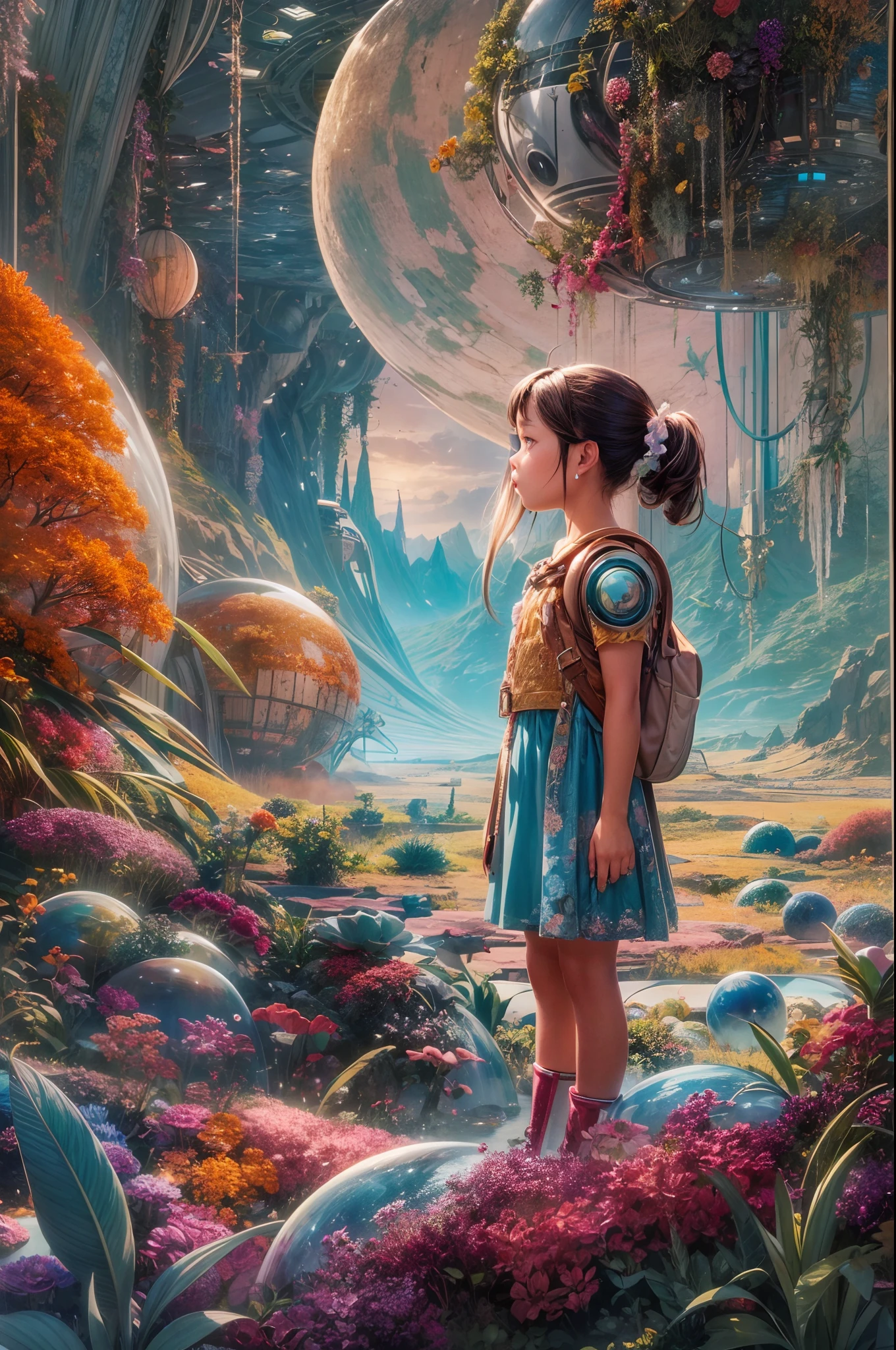 "A young girl with a sense of wonder explores an alien planet with vibrant chrome vegetation. The surreal landscape and flora create a stunning juxtaposition in a space-age paradise.